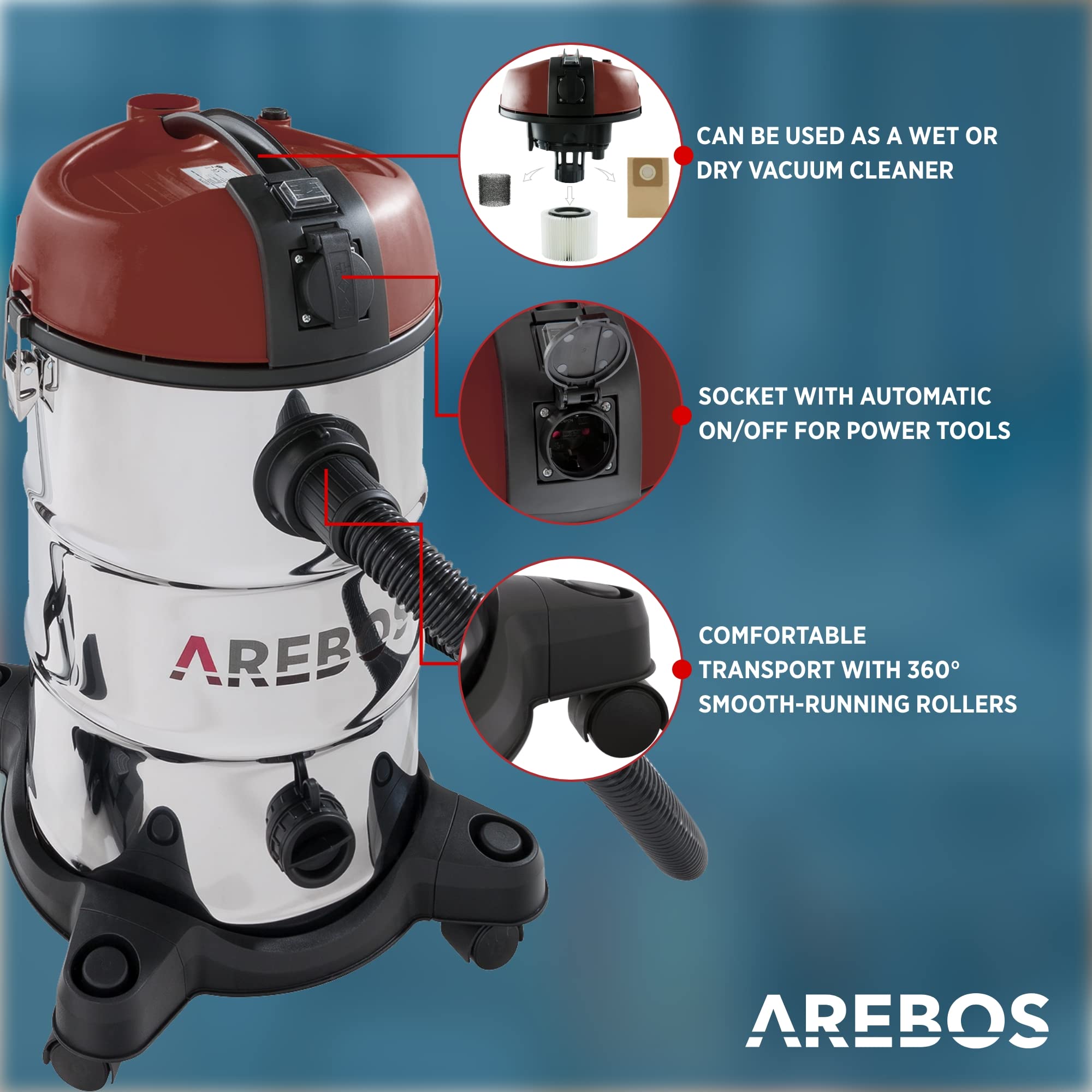 Arebos Aspiradora Industrial 5IN1 | aspiradoras potentes 1300 W | Potente aspiradora de Cenizas | aspiradora en seco y húmedo | con y sin Bolsa | 30 L | soplador de Hojas | Acero Inoxidable