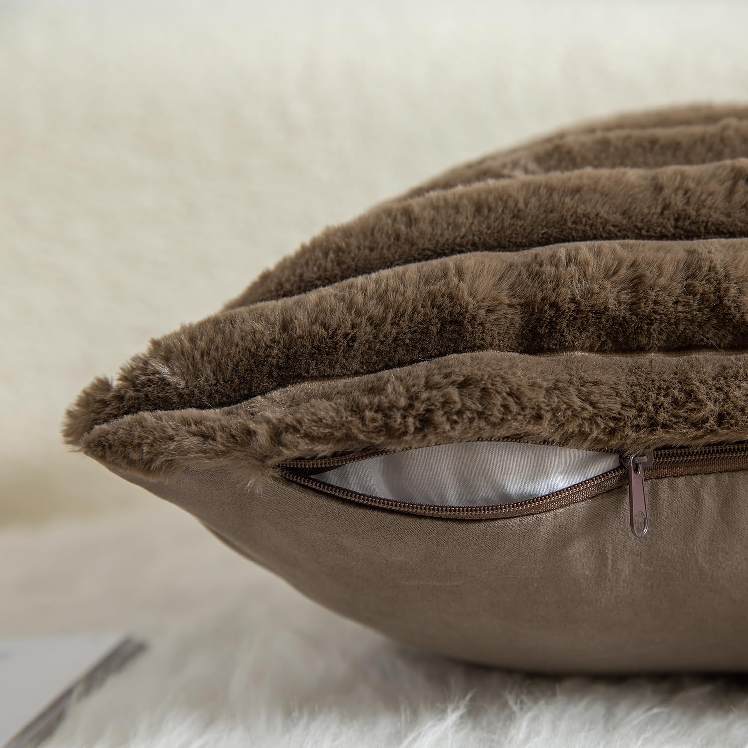 Mandioo Pack of 2 Decorative Cushion Covers 30cm x 50cm Faux Fur Striped Plush Soft Throw Pillow Covers Pillow Cases Bedroom Living Room Sofa Home 20x20 Inch Dark Brown - Image 3