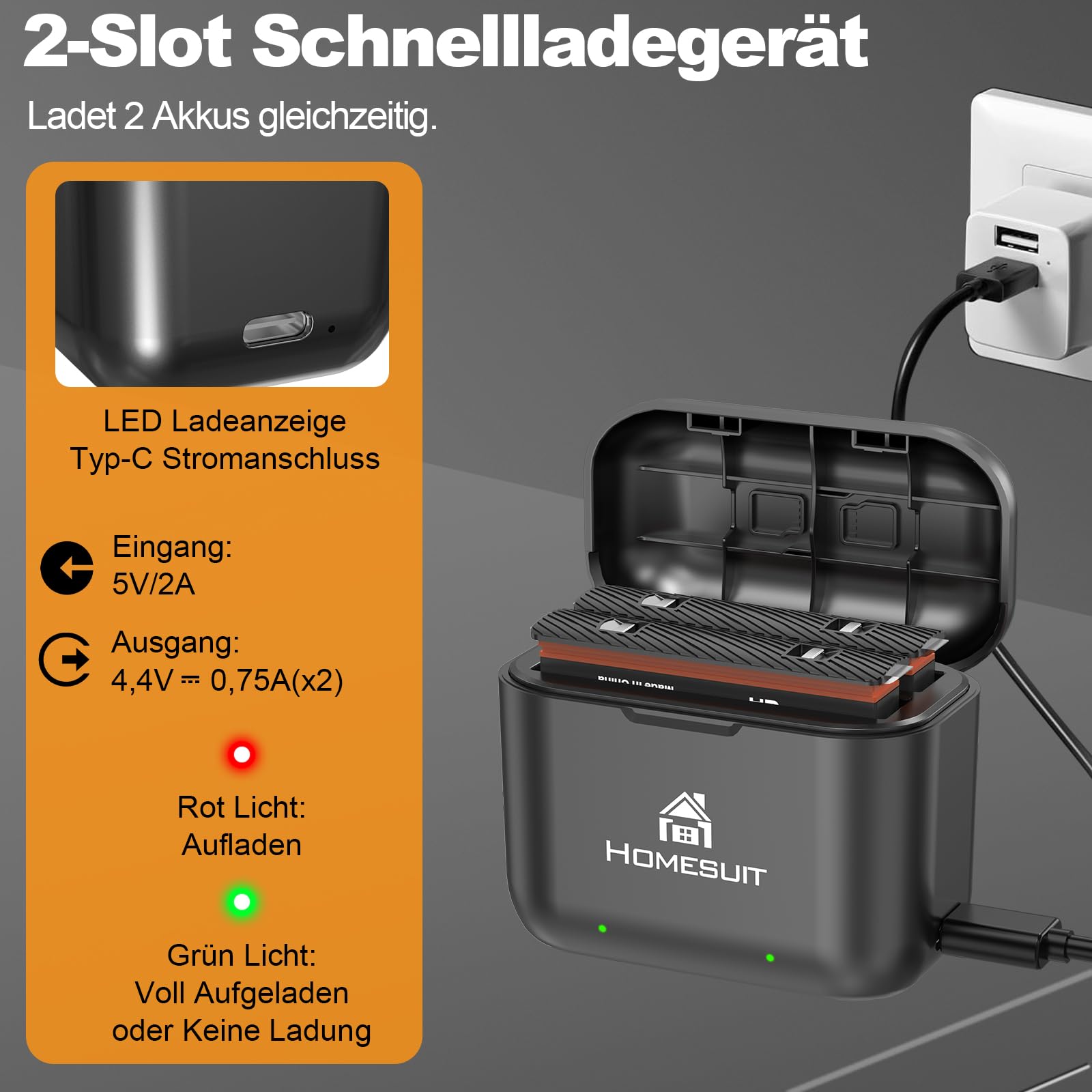 Homesuit Insta 360 X3 akumulator 1800mAh i zestaw ładowarki USB z diodami LED z gniazdkiem na karty pamięci Kompatybilny z kamerą Insta360 X3 Do 80 minut dodatkowego czasu nagrywania (2-pak)