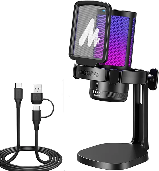 MAONO DGM20 USB Gaming Microphone for PC, Noise Cancellation Condenser Mic with RGB Lights for Streaming, Recording, Podcast,with 5FT 2 in 1 USB Microphone Cable Fast Transfer Audio Cable