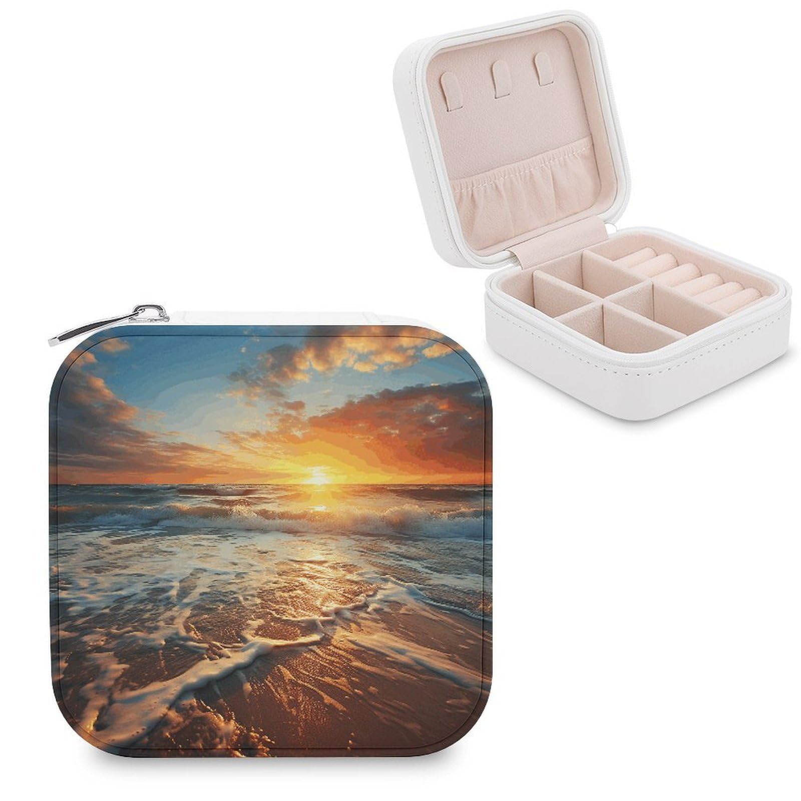 VstaDank Ocean Sunrise Travel Jewelry Case Zipper Portable Small Jewelry Box Custom Pu Leather Mini Traveling Jewelry Organizer for Rings Earrings Necklace Bracelet Girls Women