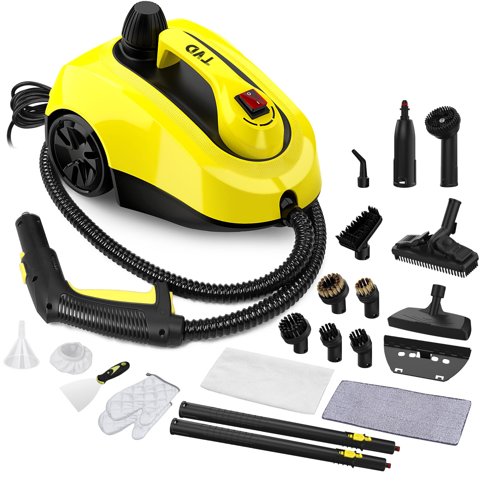 TVD Nettoyeur à vapeur avec câble d'alimentation extra long de 5 m pour vapeur, four, tapis, canapé, coussin, punaises de lit (jaune foncé)