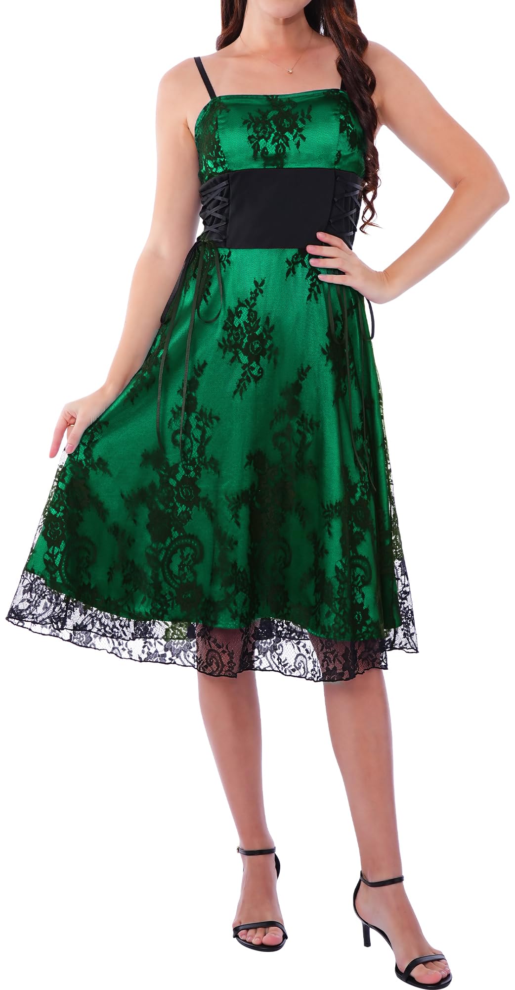 Women's Lace Floral Boho Outfits Goth Party Festival Gowns Victorian Off Shoulder Costume Emo Aesthetic Spaghetti Strap Dresses Medieval Halloween Dress Green M — image 1