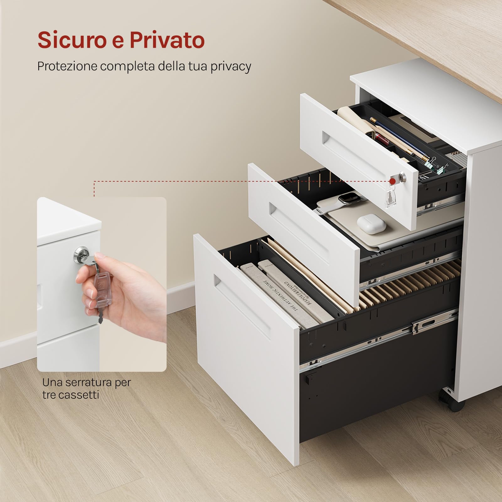 WOLTU Cassettiera da Ufficio Scrivania Studio con Rotelle Mobiletto con 3 Cassetti e Serratura per Documenti Cartelle Sospese Cancelleria, Pre-Assemblato, metallo Bianco