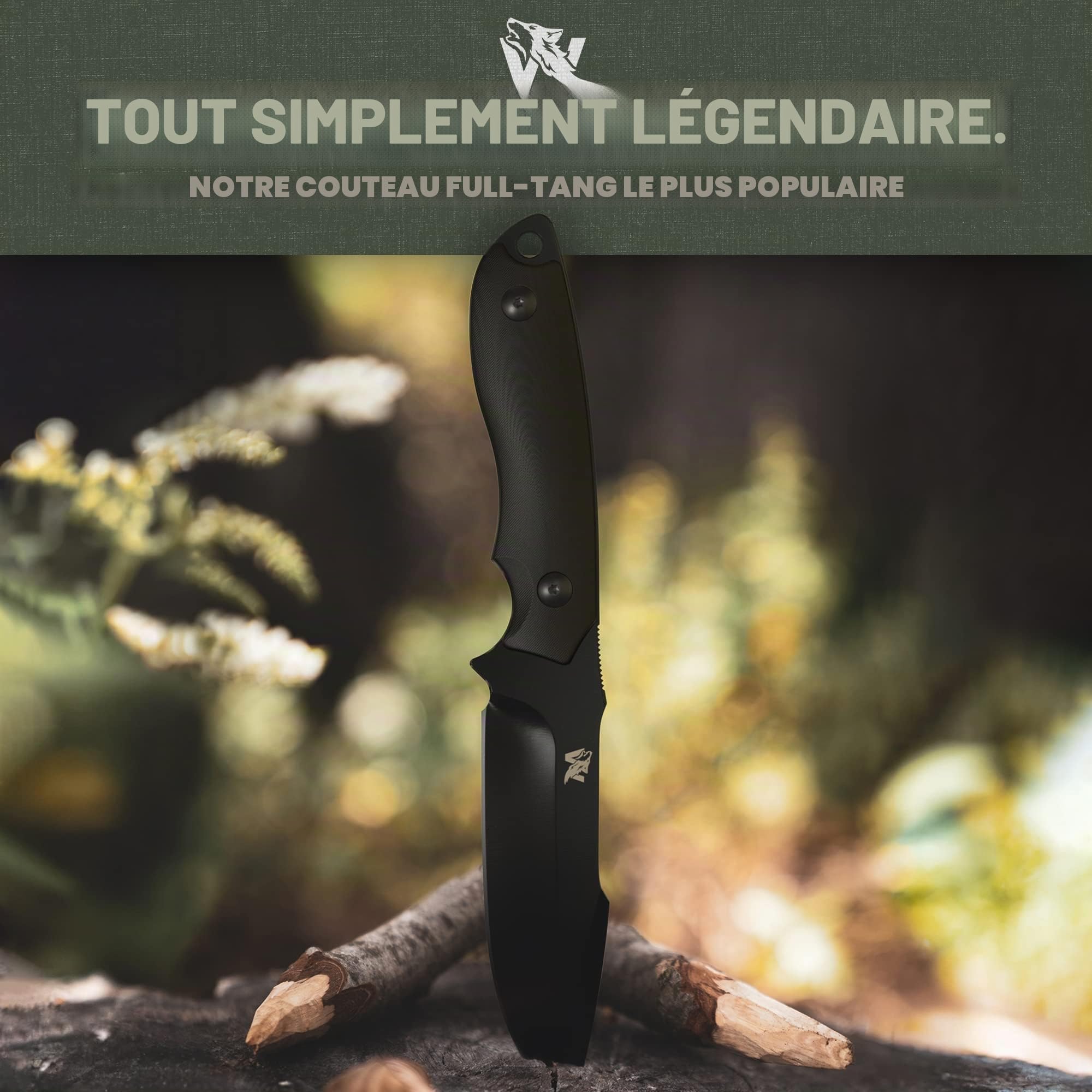 Wolfgangs - Couteau d’extérieur avec étui Kydex - Usiné dans un seul bloc d’acier D2 - Allume-feu et sifflet d'urgence inclus