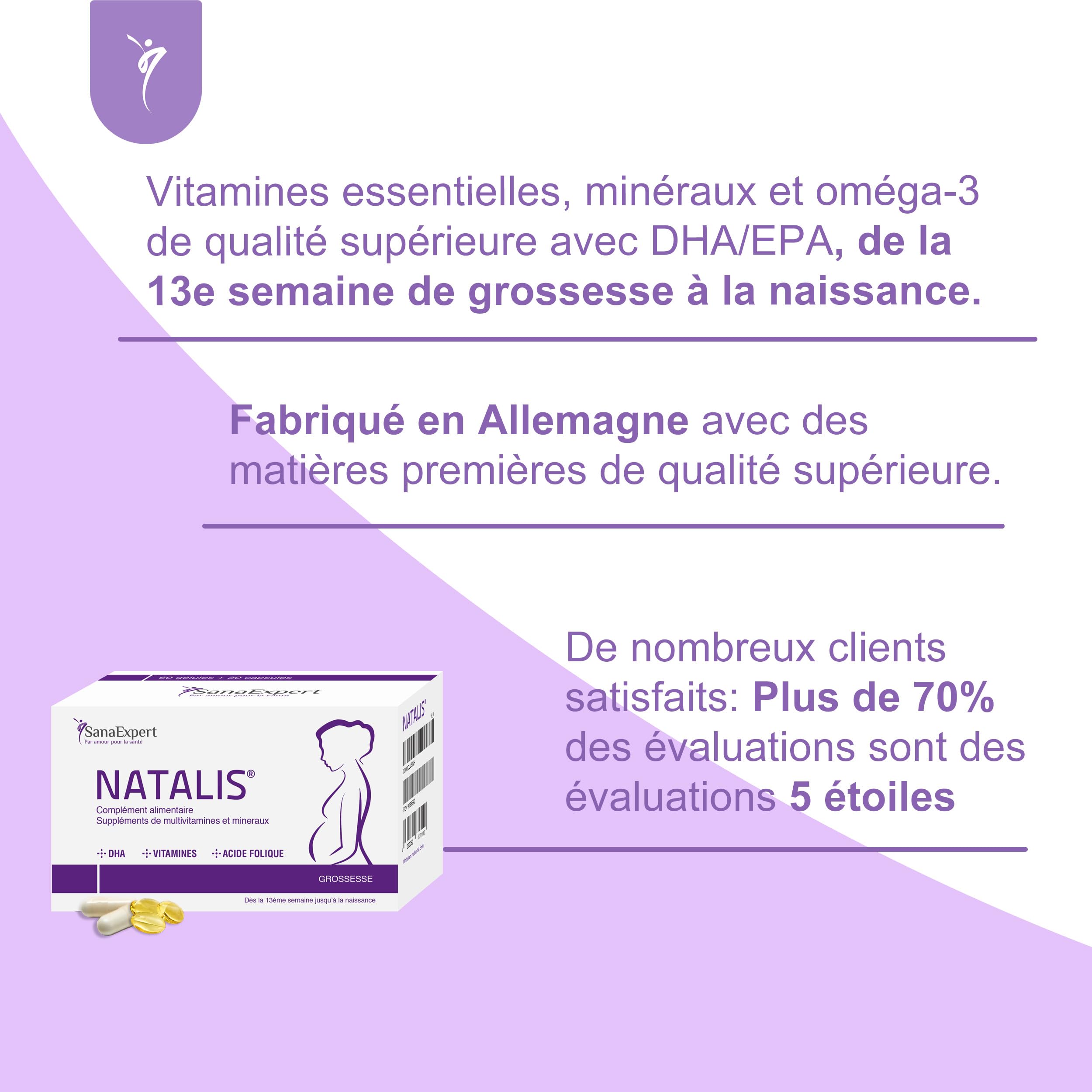 SanaExpert Natalis – Complément Alimentaire Prénatal pour Femmes – Avec acide folique, fer, DHA, vitamines et minéraux essentiels – 90 capsules – Fabriqué en Allemagne