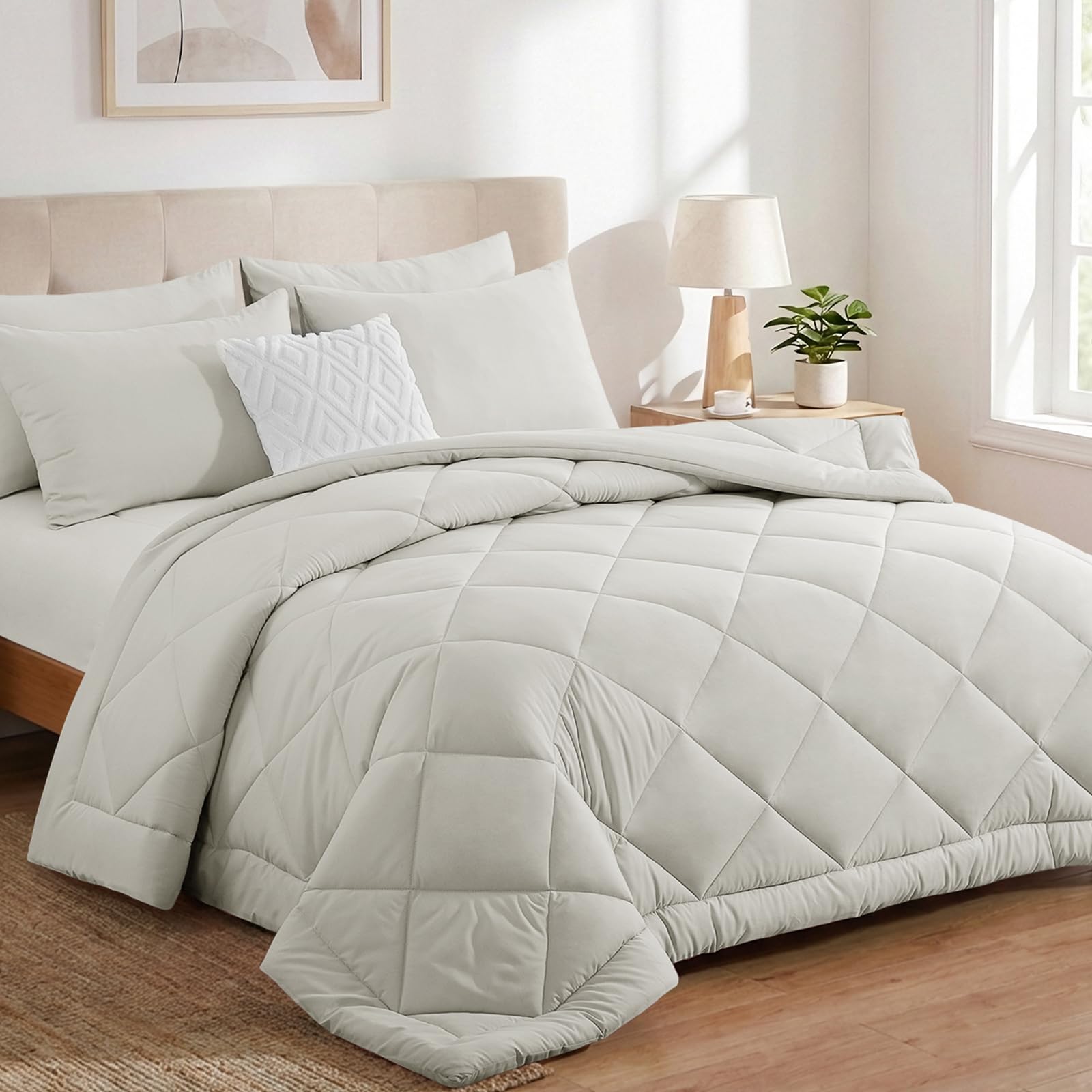 Aisbo Coverless Duvet Double Size 10.5 Tog - 200x 200cm, Khaki Duvet with 2 Pillowcases Soft Lightweight Comforter Set for All Seasons