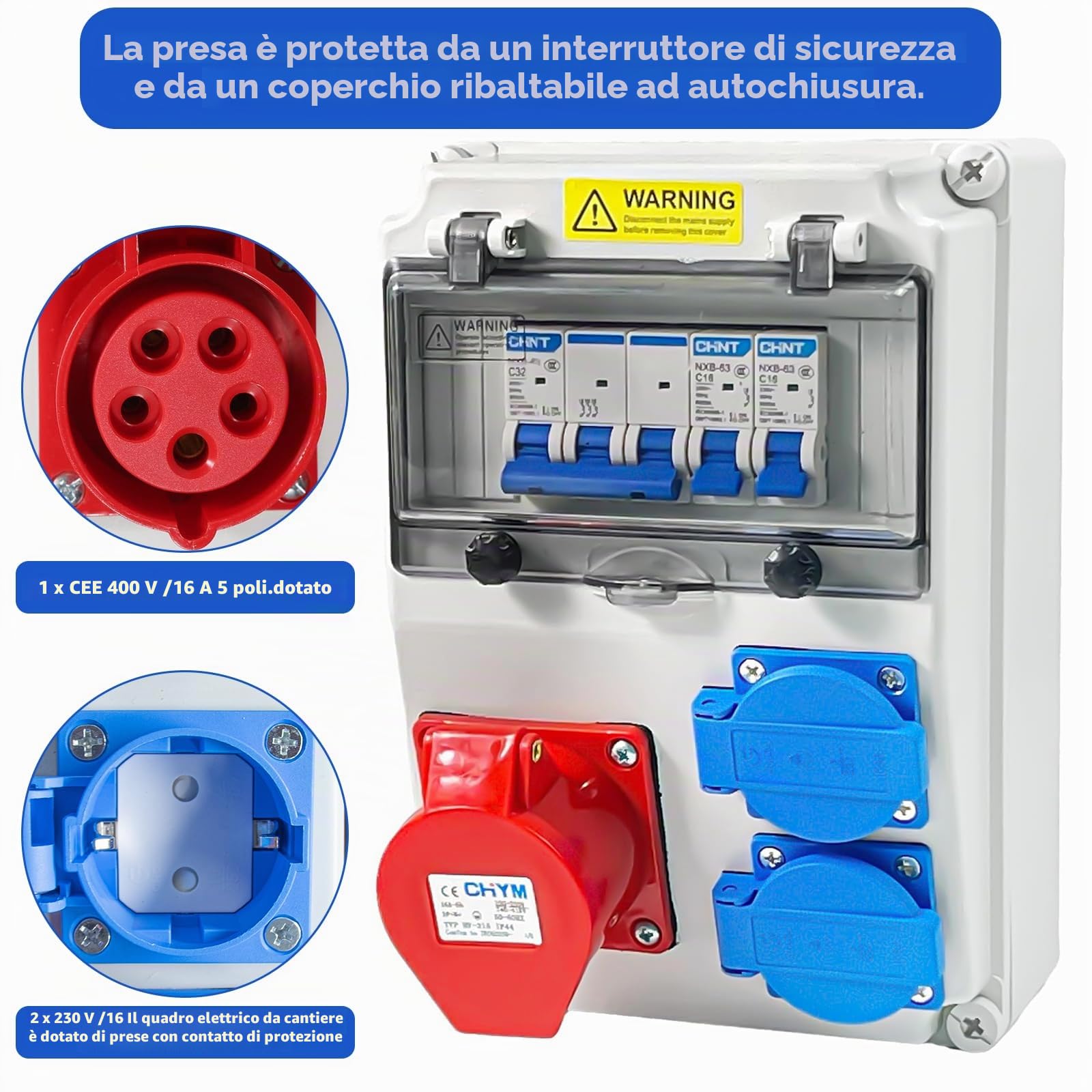 Distributore di Corrente da Paret,Distributore di Corrente da Cantiere 16 A 220 V-250 V Custodia IP54 Impermeabile Kit Completo Quadro Elettrico per Industria, Edilizia, Fabbrica