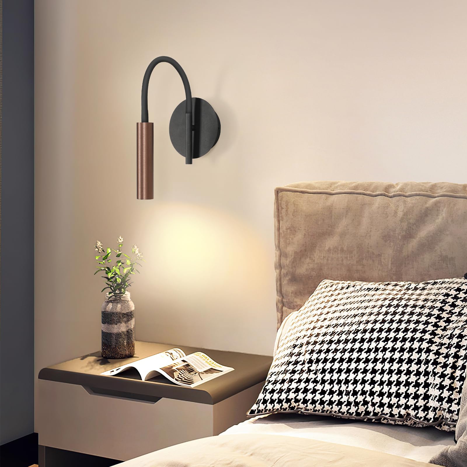 Osairous Applique da Parete 2 Pezzi, Lampada da Lettura con 360° Braccio Flessibile, Lampada da Comodino LED 3000K Bianca Calda in Alluminio per Camera da Letto, Soggiorno