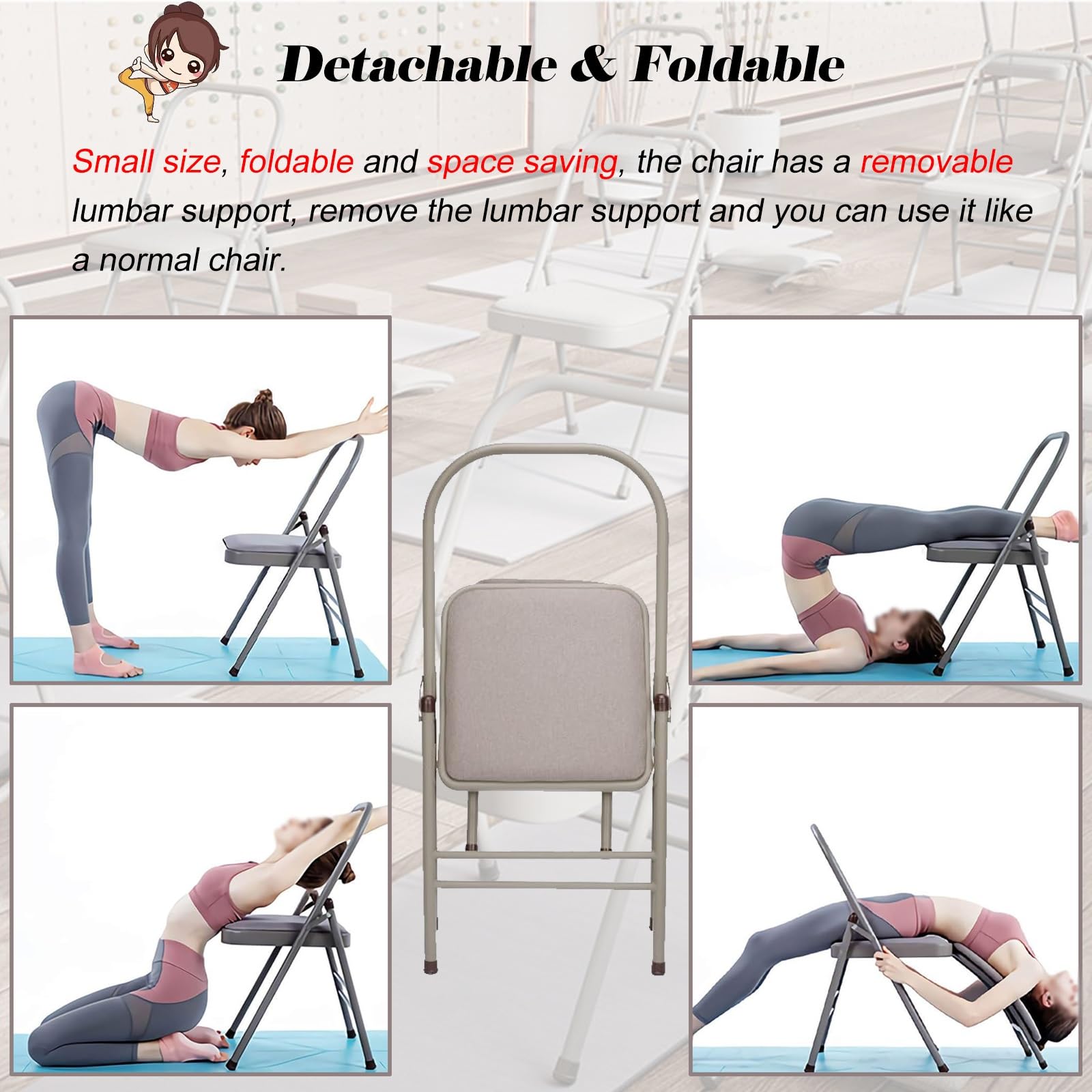 Sedia Yoga Sedia Yoga Assistita con Supporto Lombare Rimovibile, Sedia Yoga Pieghevole con Poggiapiedi, Strumento di Allenamento per L'inversione Dell'equilibrio per Studio Yoga/Palestra(Gray)