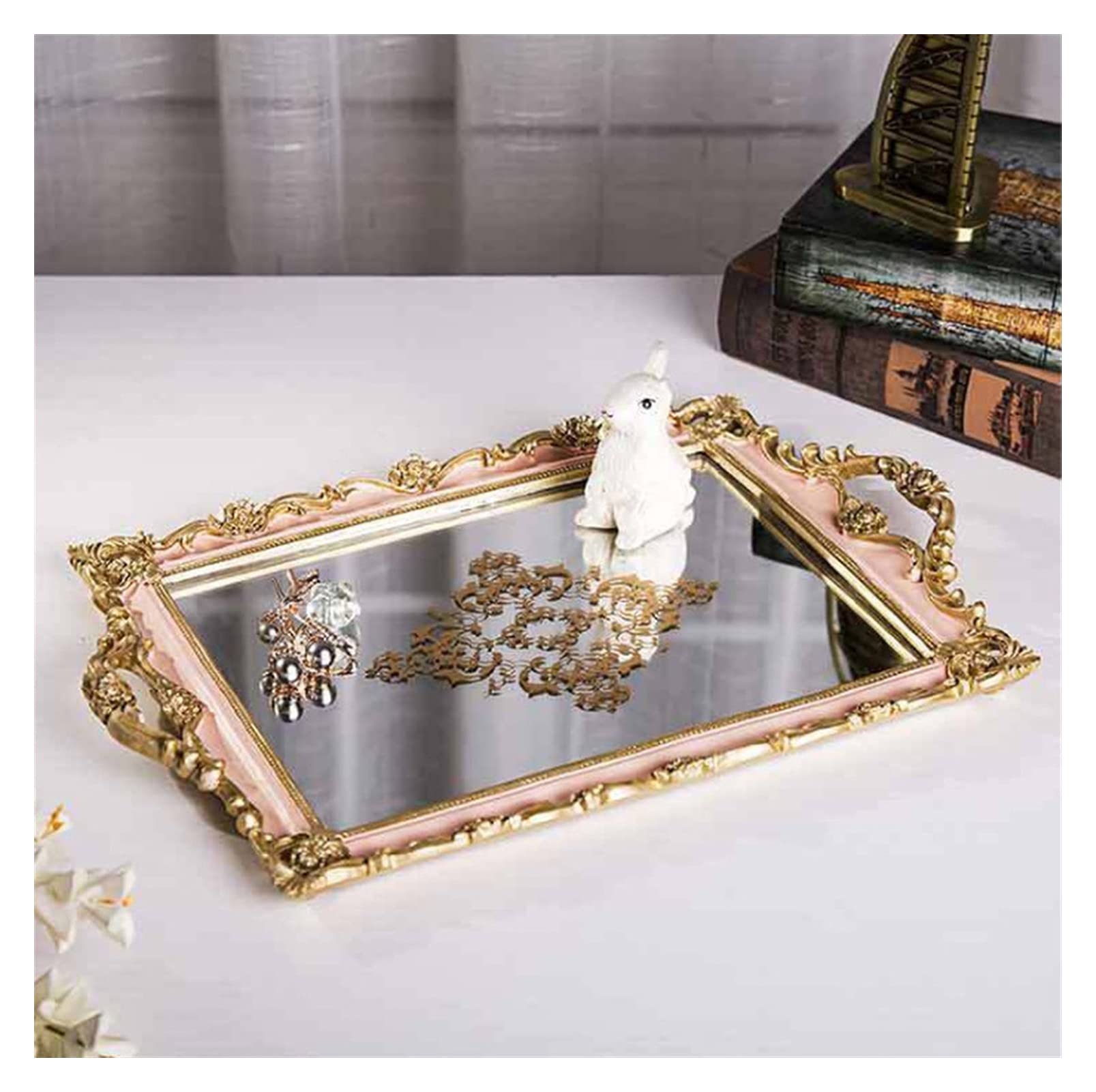 Bandejas 33.5 * 25.5 * 4 cm Resina Bandejas de joyería Rosa incrustado Dorado Mirror Servicio Bandeja Joyería de Joyería Decoración de la Bandeja Tray