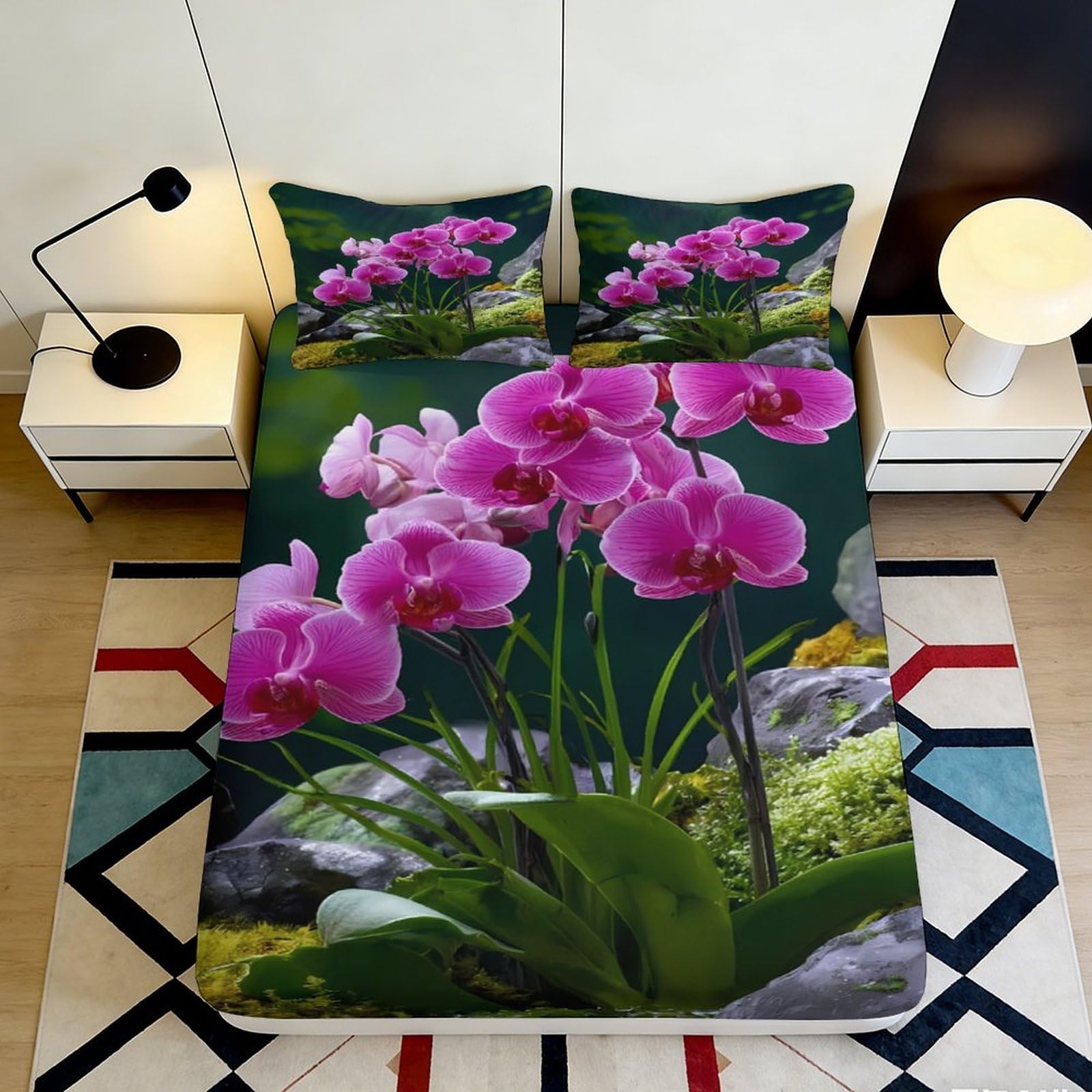 3D Printed Orchid Garden Fitted Sheet Microfiber Non Slip Floral Blossom Bed Cover for Bedroom Guest Room 90x200x25cm