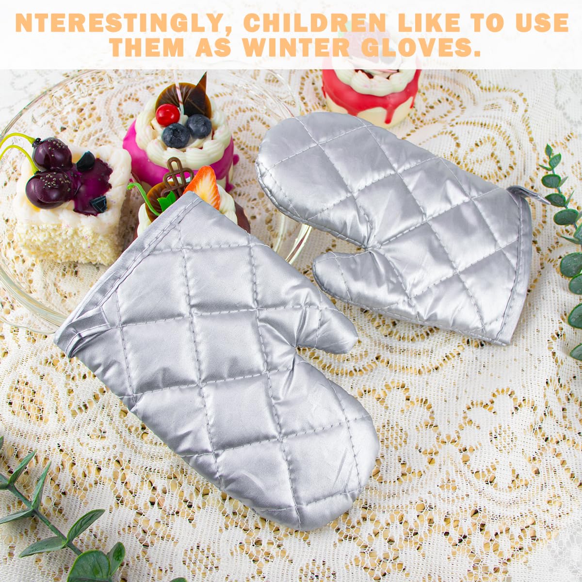 Guantes de cocina de algodón para niños, de tamaño pequeño, para microondas, guantes de cocina resistentes al calor, 1 par, plateado (7 x 4 pulgadas) 4