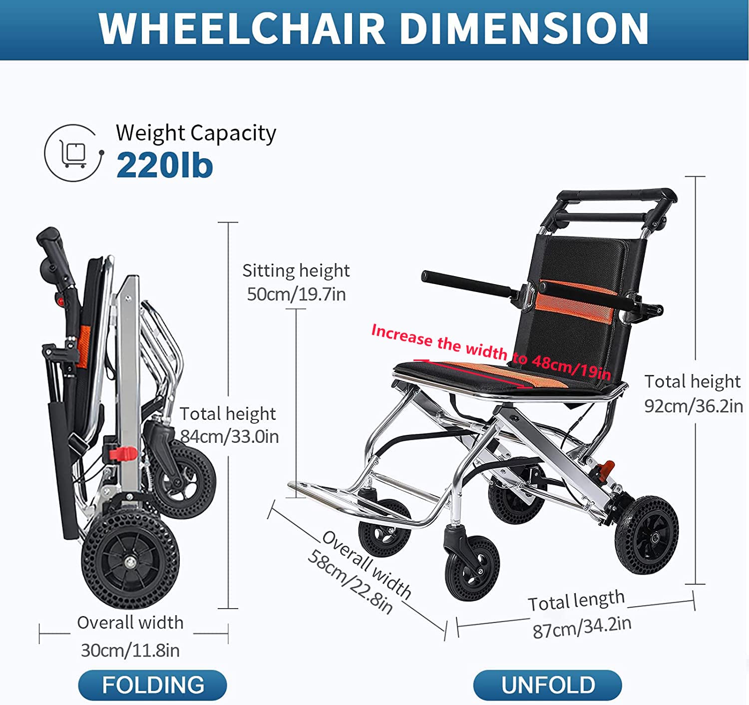 Faltbarer leichter Rollstuhl mit Handbremse – tragbarer Reise-Rollstuhl für Erwachsene, Kinder, ältere Menschen – Trolley aus Aluminiumlegierung