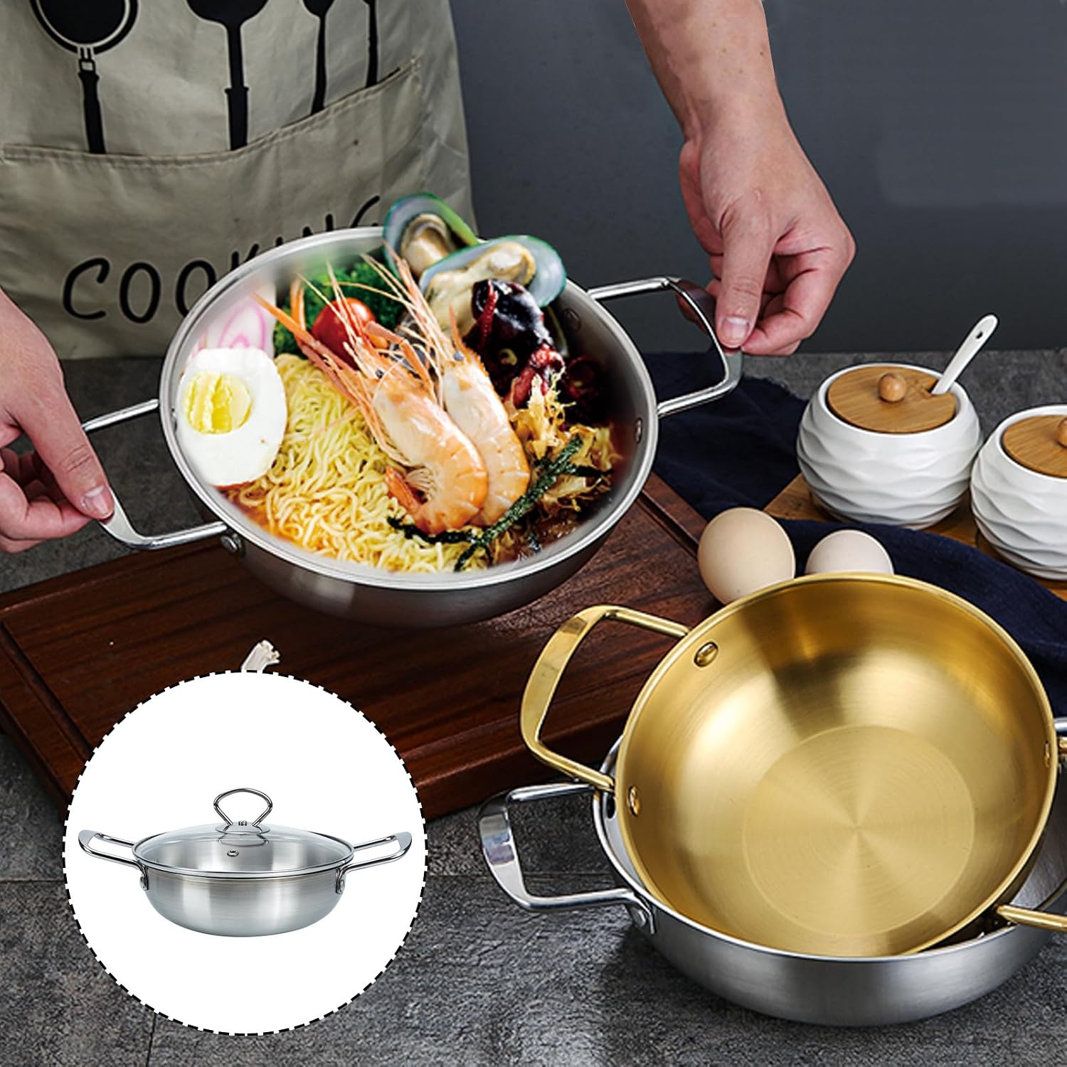 Stainless Steel Noodle Pot with Lid 18Cm Double Handle Mini Ramen Soup Pot Cooking Pan for Household Kitchen Use