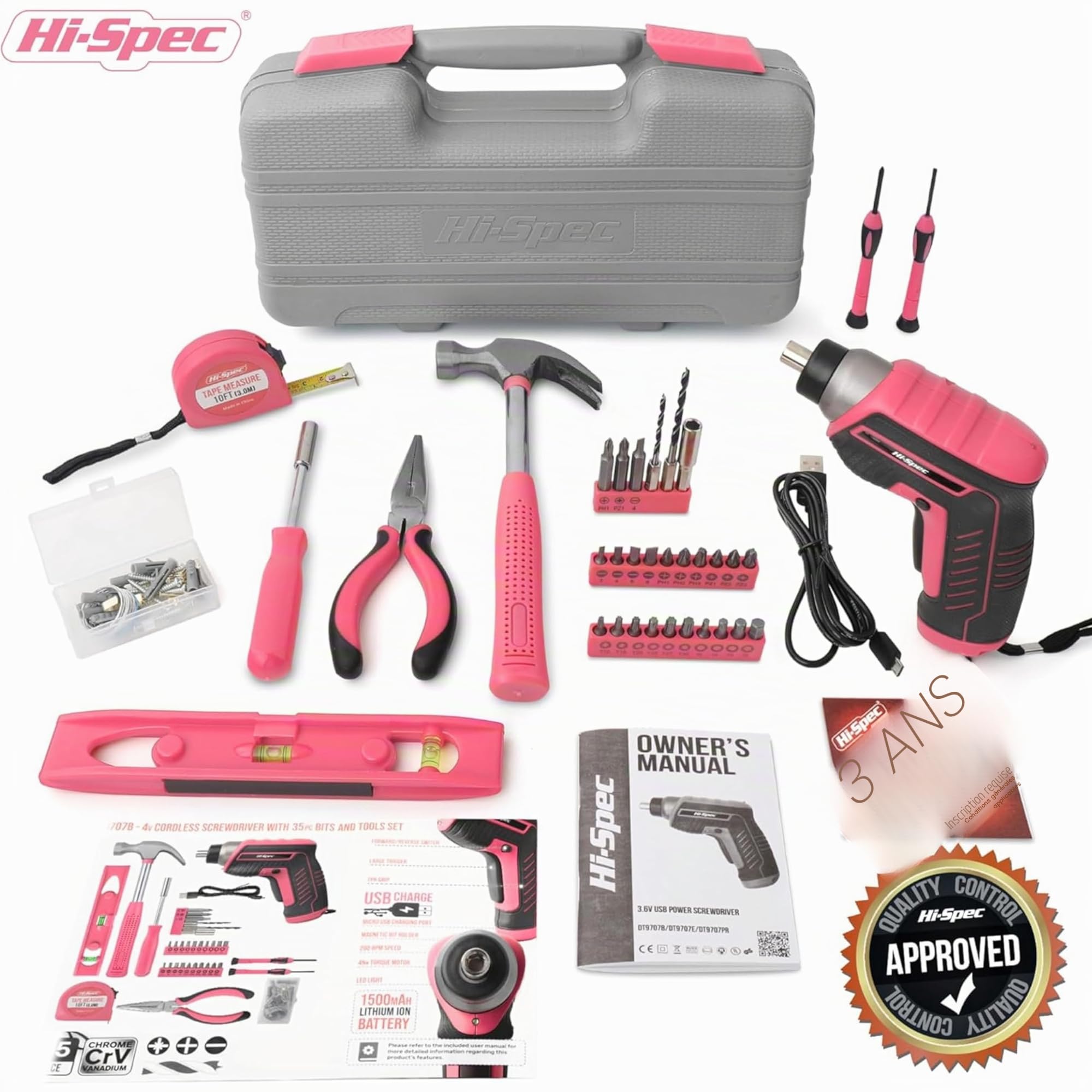 Hi-Spec Tournevis Électrique 3.6V Rose Perceuse Visseuse Devisseuse Sans Fil | 35 pièces, 4 V, 1500 mAh, 4 Nm, foret à bois, mètre ruban, niveau à bulle, couteau universel, chevilles, mallette pratique
