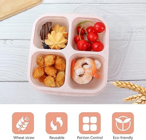 Miniatura 2 de Finorder Paquete de 6 recipientes de aperitivos para niños, fibra de paja de trigo con 4 compartimentos, lonchera Bento reutilizable, contenedores