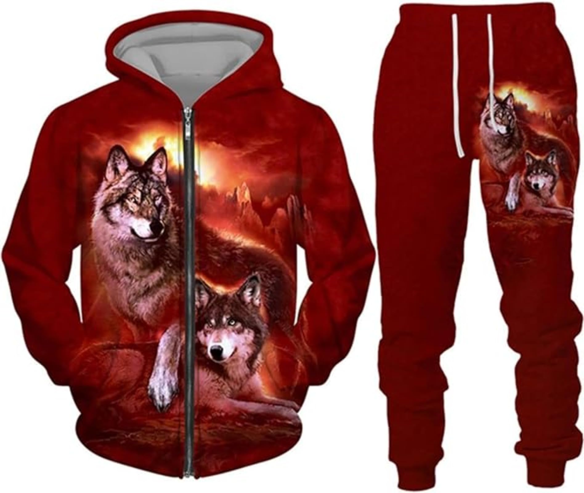 hiegi Wolf Jogging Suit Sports Suit Men's Hooded Jumper Set 3D Wolf Hooded Jumper + Jogging Pants Men's Sweatshirt Trousers, 4XL