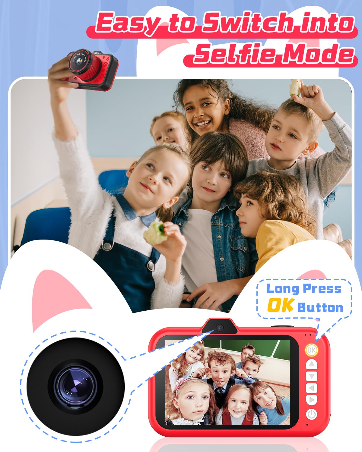 Macchina Fotografica Bambini,Usteetic 3,5” Grande Schermo 1080P Fotocamera Digitale Bambini con 360° Obiettivo Zoom LED Flash 32GB TF Scheda,Regalo di Natale Giocattolo per 3 4 5 6 8 7 9 10 11 12 Anni