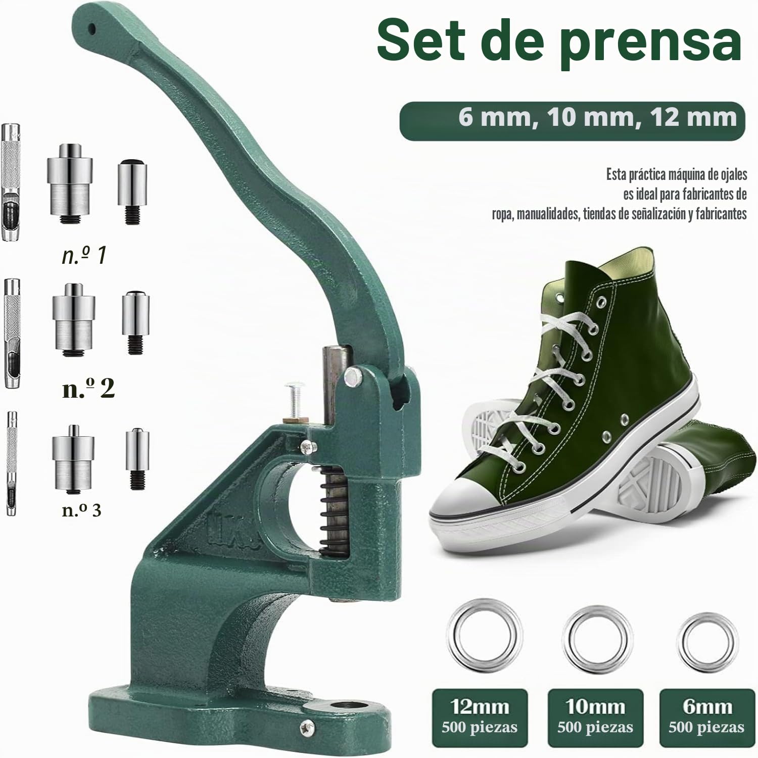 Juego de Prensas para Ojales, Máquina de Prensado Manual para Ojales, Prensa para Remaches con 3 Matrices de 6/10/12 mm y 1500 Ojales para Remaches, DIY, Manualidades, Textiles, Cuero, Cortinas, Toldo