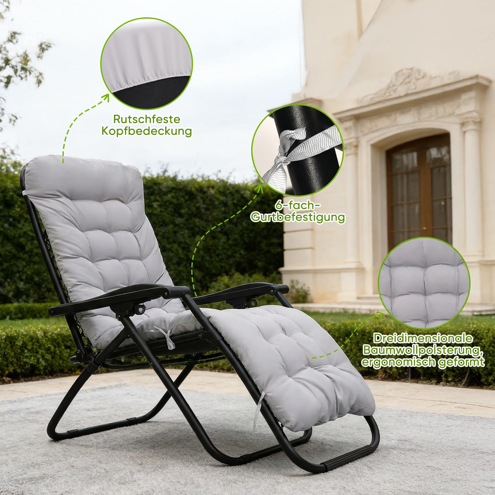 Lot de 2 coussins pour chaise longue - 170 x 53 x 8 cm - Épaisseur : 170 x 53 x 8 cm - Pour chaise longue - Avec cravate - Pour vacances, extérieur, chaise longue - Gris