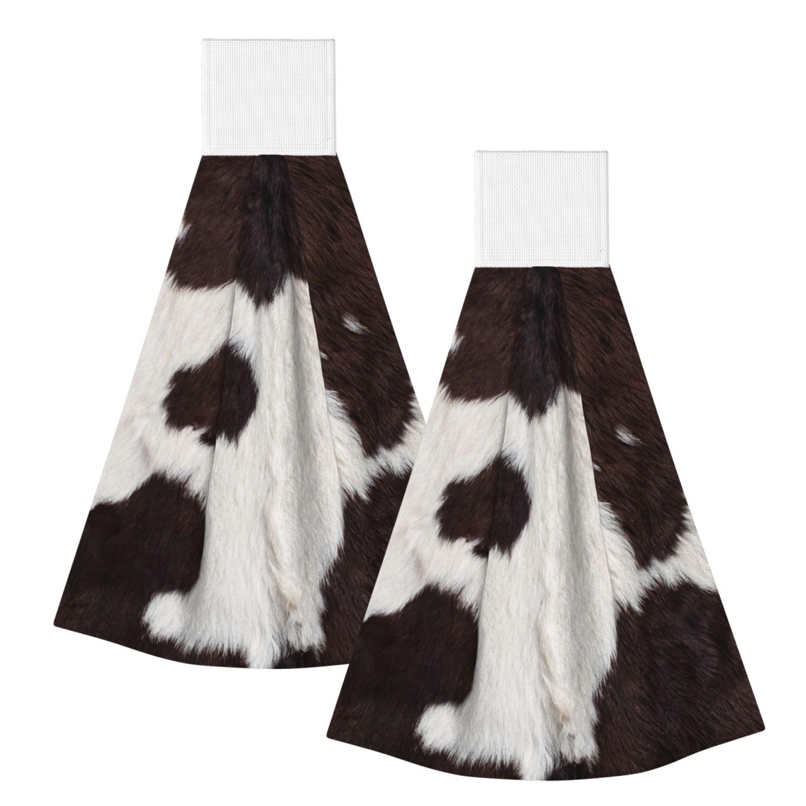 DOPKLNA Cow Skin Abstract Africa Animal Black, 2 Pcs Hanging Coral Fiber Hand Towels for Bathroom, Absorbent Kitchen Towels