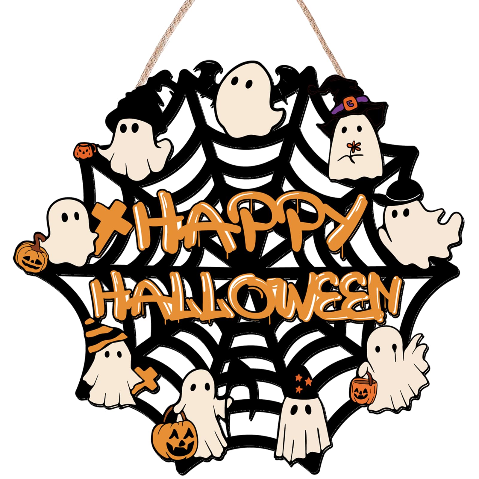 halloween door sign ghost decor - cute ghost cobweb wall decor - wooden front door decoration hanging wreath for halloween decorations outdoor party supplies