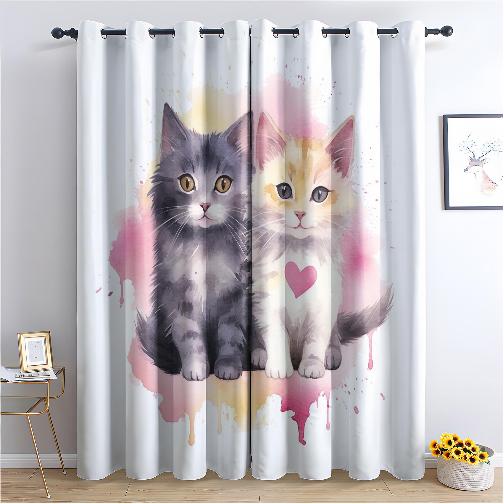 Rideau Occultant Chat Mignon, Chaton Motif Rideaux Thermiques à Oeillets, Rideaux Imprimé pour Salon Chambre Fenetre Moderne Décoration, 75x166 cm (L x H), Lot de 2