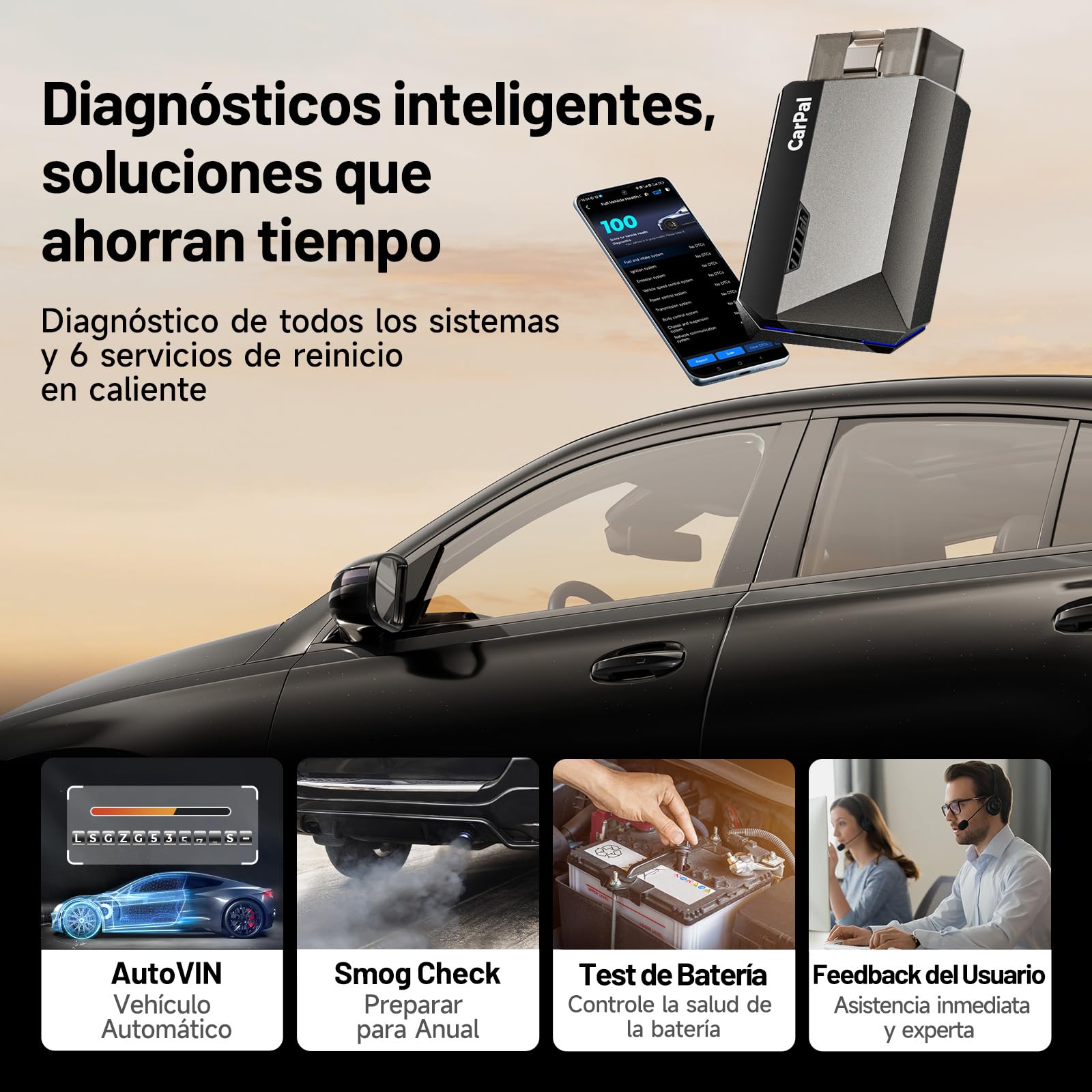 TOPDON Carpal-A OBD2 Diagnosis, Bluetooth Diagnosis Coche Multimarca,Diagnóstico de Todos los Sistemas, 6 Servicios Reset, AutoVIN, Smog Check, Guía de Reparación, Inspección del Motor