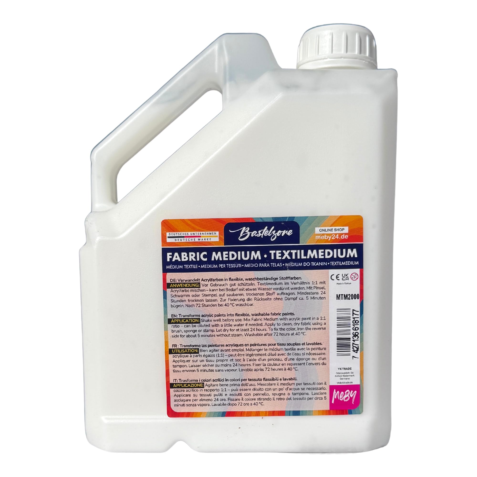MEBY Textilmedium 2 Litri. Trasforma i colori acrilici in colori per tessuti. Maggiore aderenza sui tessuti. Resistente al lavaggio in lavatrice e alla lavastoviglie. Medium per dipingere su tessuto