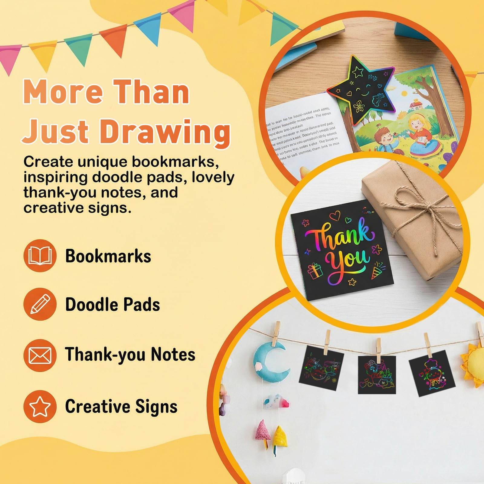 Kesote Carte a Gratter Enfant 100 Feuilles Papier Arc-en-Ciel Bricolage avec 2 Stylets en Bois Scratch Art 8x8cm