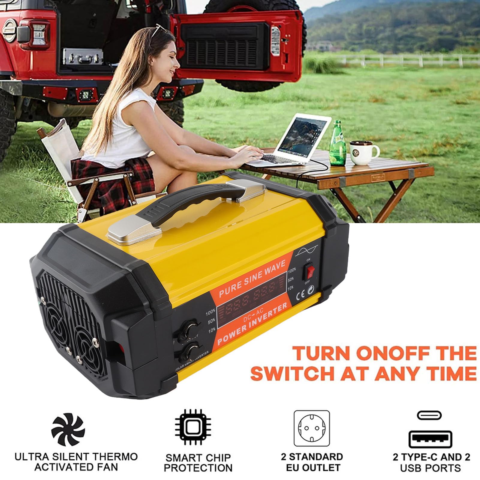 Aramox Samochodowy Przetwornica Napięcia ABS Zmodyfikowana Przetwornica Sinusoidalna 1000 W DC 12 V na AC 220 V z Wyświetlaczem W Czasie Rzeczywistym 4 USB PD QC 24 W do Wycieczek Samochodowych