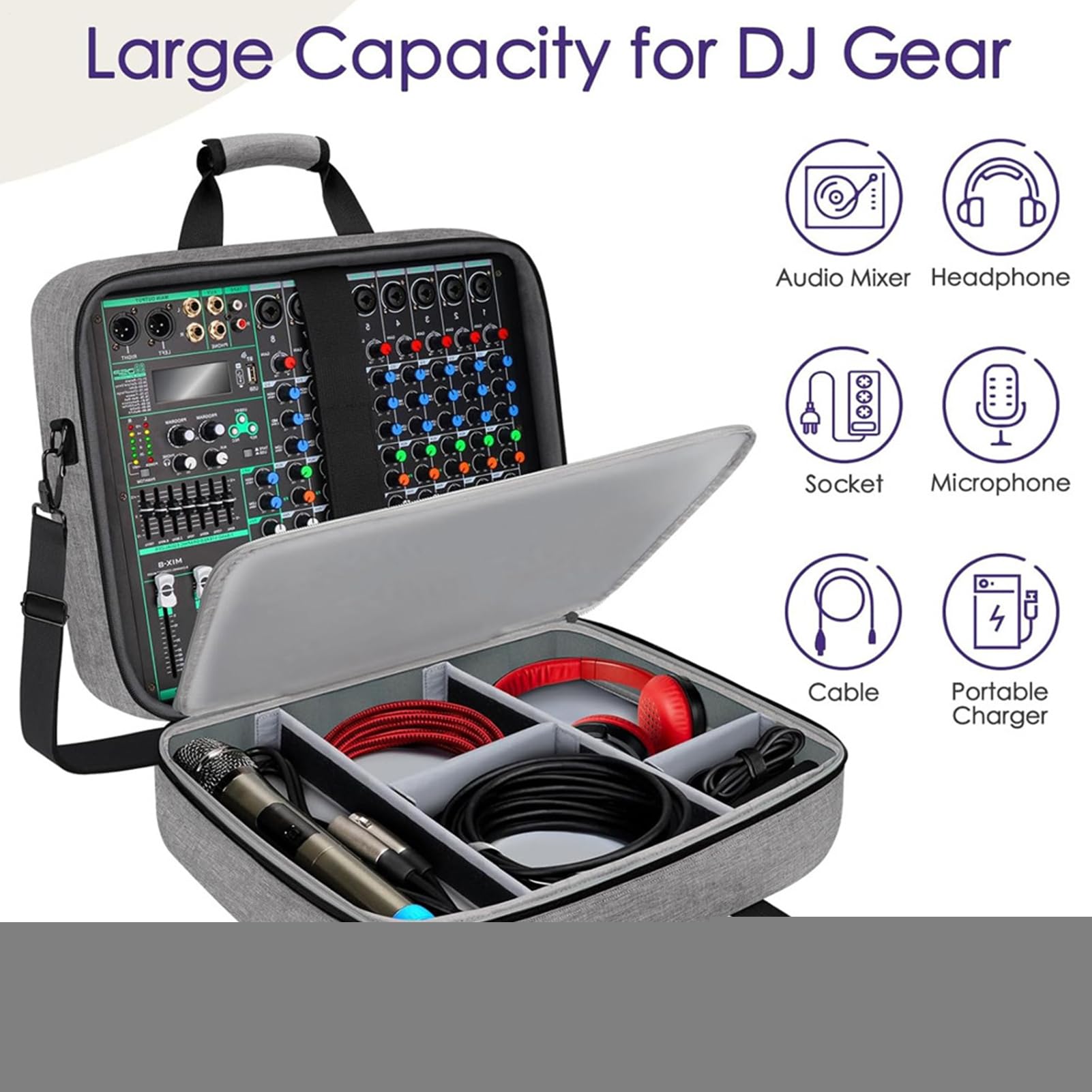 Bolsa para consolas de audio – Bolsa para cables DJ para equipo | de DJ con compartimentos ajustables | Almacenamiento resistente a los arañazos para equipos de estudio de música en excursion