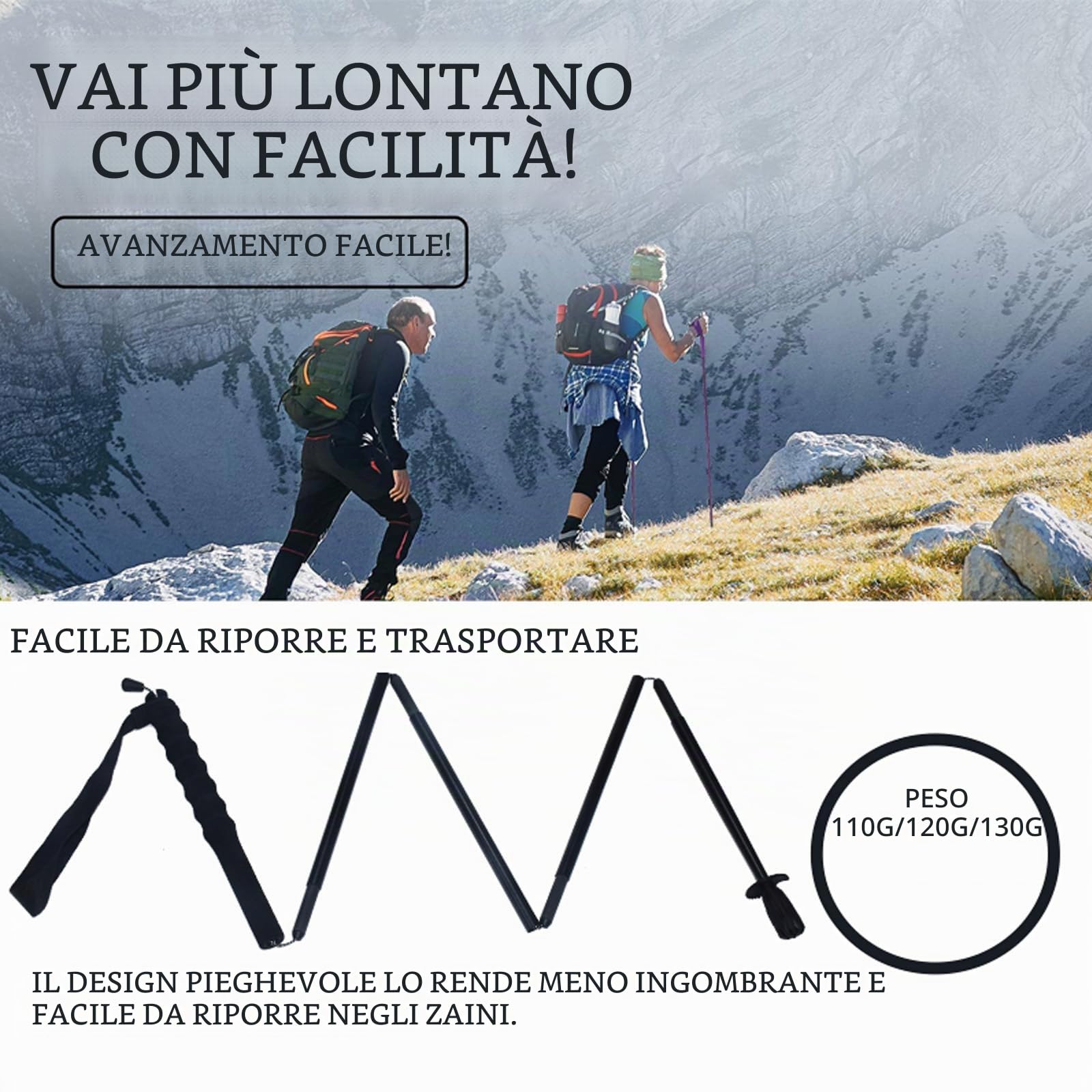 OKHEALING Bastoncini da trekking pieghevoli a 5 sezioni, leggeri e resistenti 1 paio, fibra di carbonio T800 ad alta resistenza, impugnatura dritta, adatti per escursioni, trekking e alpinismo