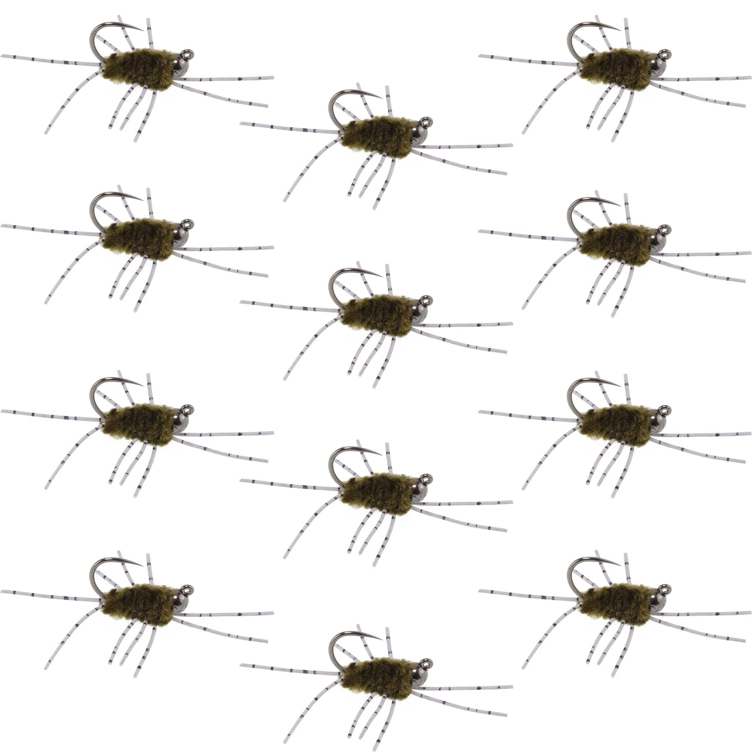 The Fly Fishing Place Tungsten Bead Jigged Pat's Rubber Legs Nymph - Olive with Barred Legs - 12 Flies Hook Size 6