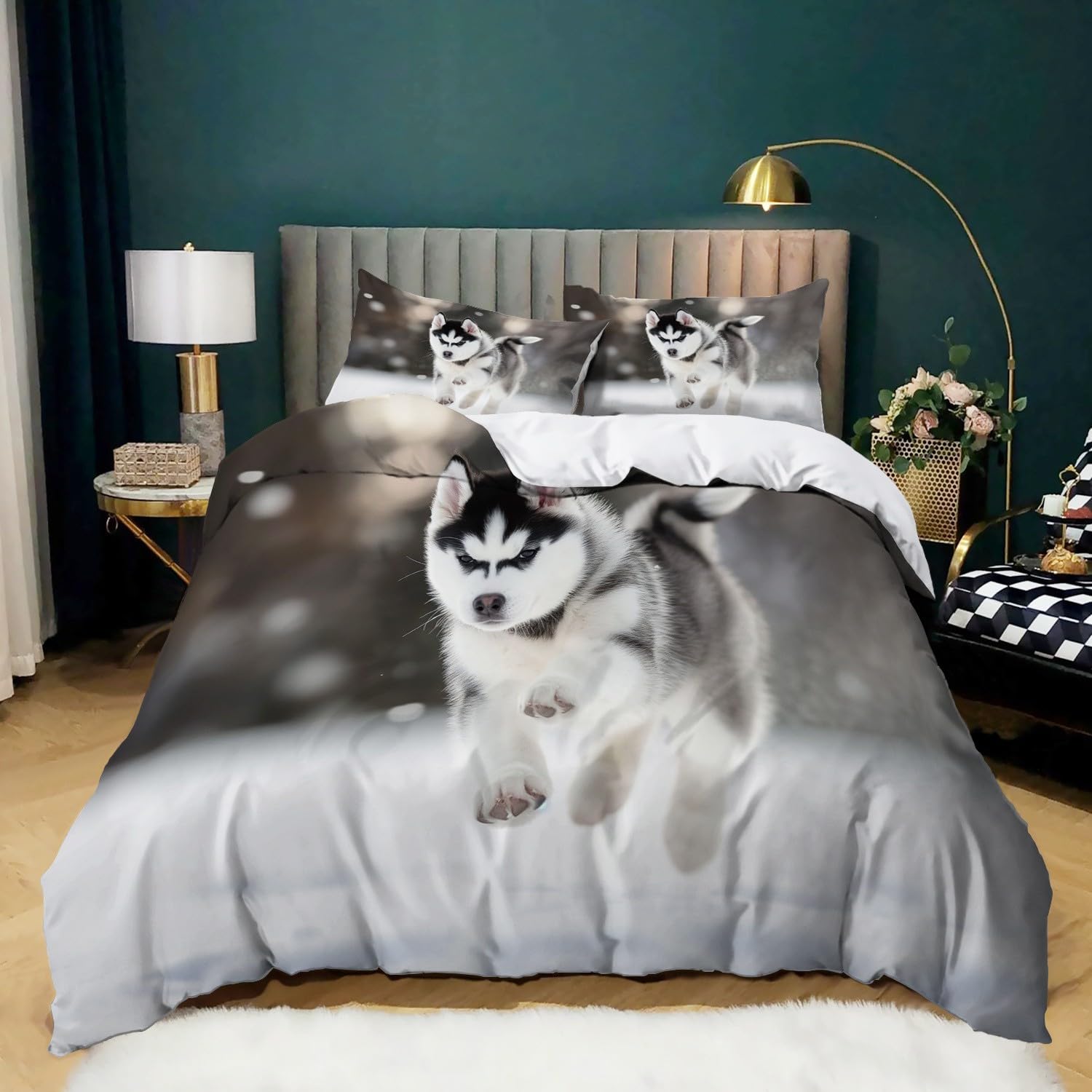 Husky Zwierzęta Kołdra Śnieg Biała Czarna Pościel Z Zamkiem Błyskawicznym I Sznurkami Narożnymi, Miękka Mikrofibra Drukowana Poszwa Na Kołdrę Z 2 poszewkami na poduszki 260 cm x 220 cm