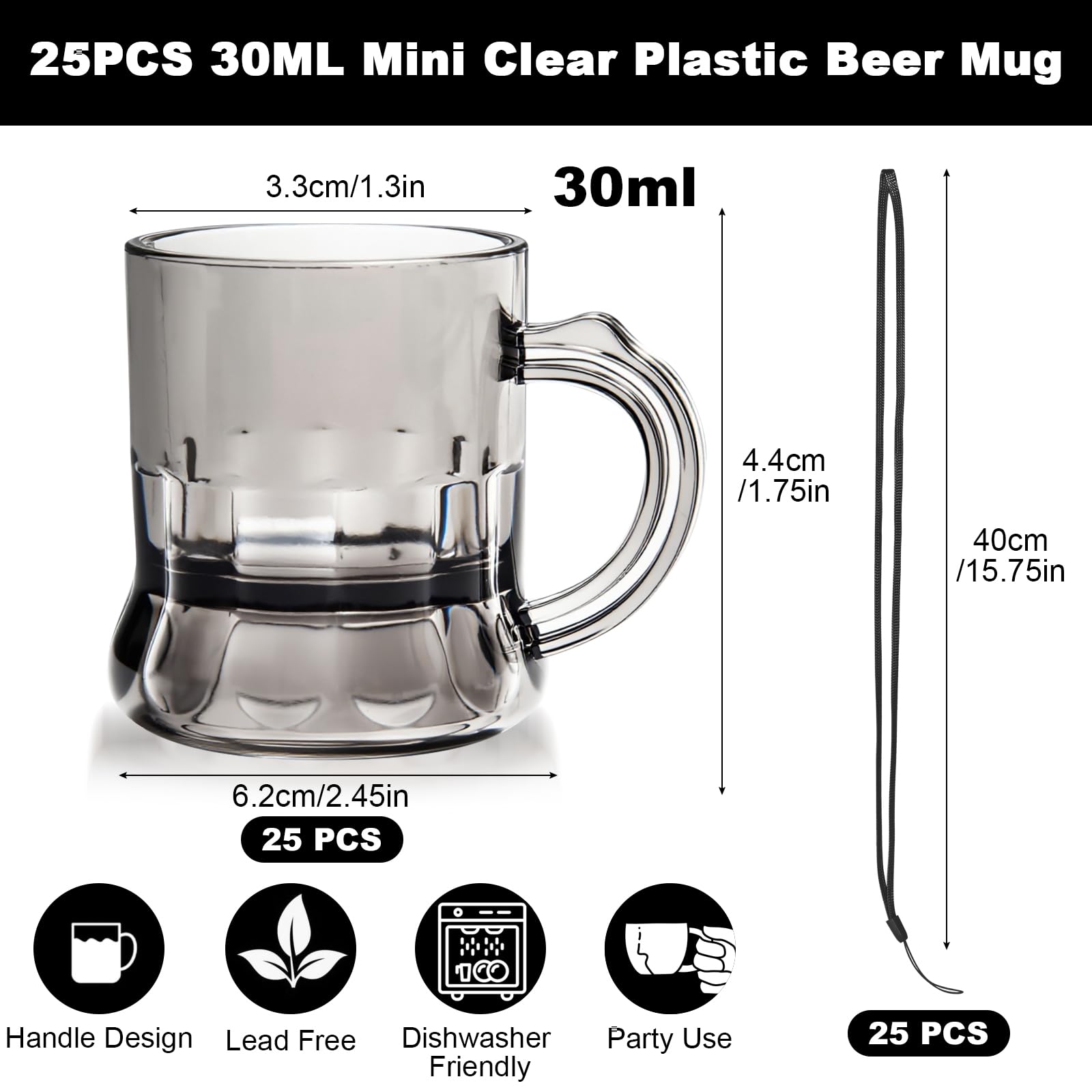 Mssushi 25 Pezzi Bicchieri da Shot con Manico,30ml Riutilizzabili Bicchieri da Liquore con Catena da Appendere,Collana da Sposa per addio al celibato,carnevale,accessori,carnevale, feste