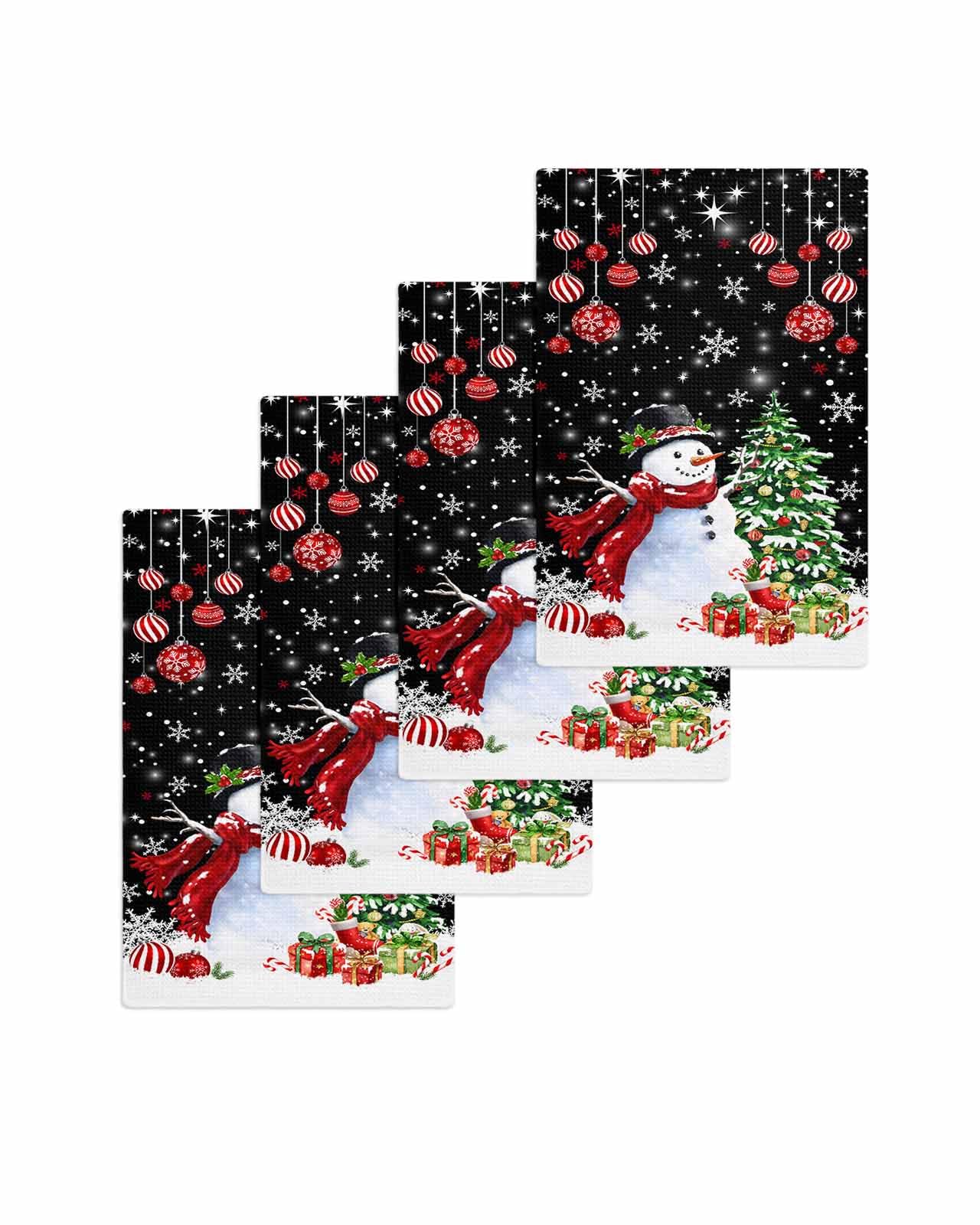 Hokiten Snowman Black Christmas Waffle Kitchen Towels Dishcloths, Xmas Tree Balls Snowflake Absorbent Dish Towels | Hand Towels for Bathroom/Bar, 16 x 24 Inch, 4 Pcs