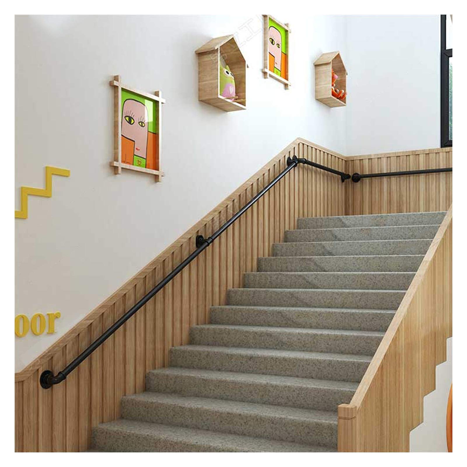 Treppen-Handlauf für Wände, rutschfeste Sicherheits-Treppengeländer mit Halterungen, Haltegriff, Wandhalterungen und Metallschrauben, Innen- und Außentreppe, Kindergartenkorridor, Schwarz (