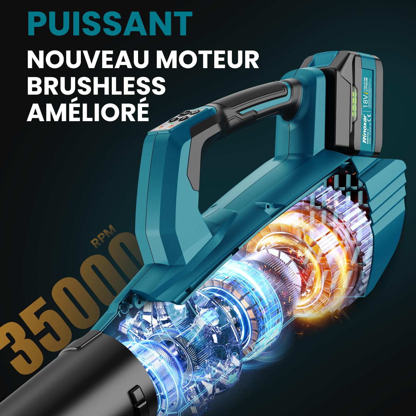 Souffleur Batterie, 5 Vitesses Souffleurs de Feuilles sans Fil avec Moteur Brushless, 2 Batteries 5.2Ah/18V, 35.000 RPM, Vitesse de l'Air 180 km/h, Débit d’Air 800 m³/h, 2 Buses Interchangeables
