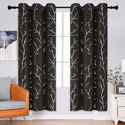 Miniatura 16 de BUHUA Cortinas opacas con estampado de hojas plateadas onduladas para sala de estar, cortinas de oscurecimiento con bloqueo de luz para dormitorio