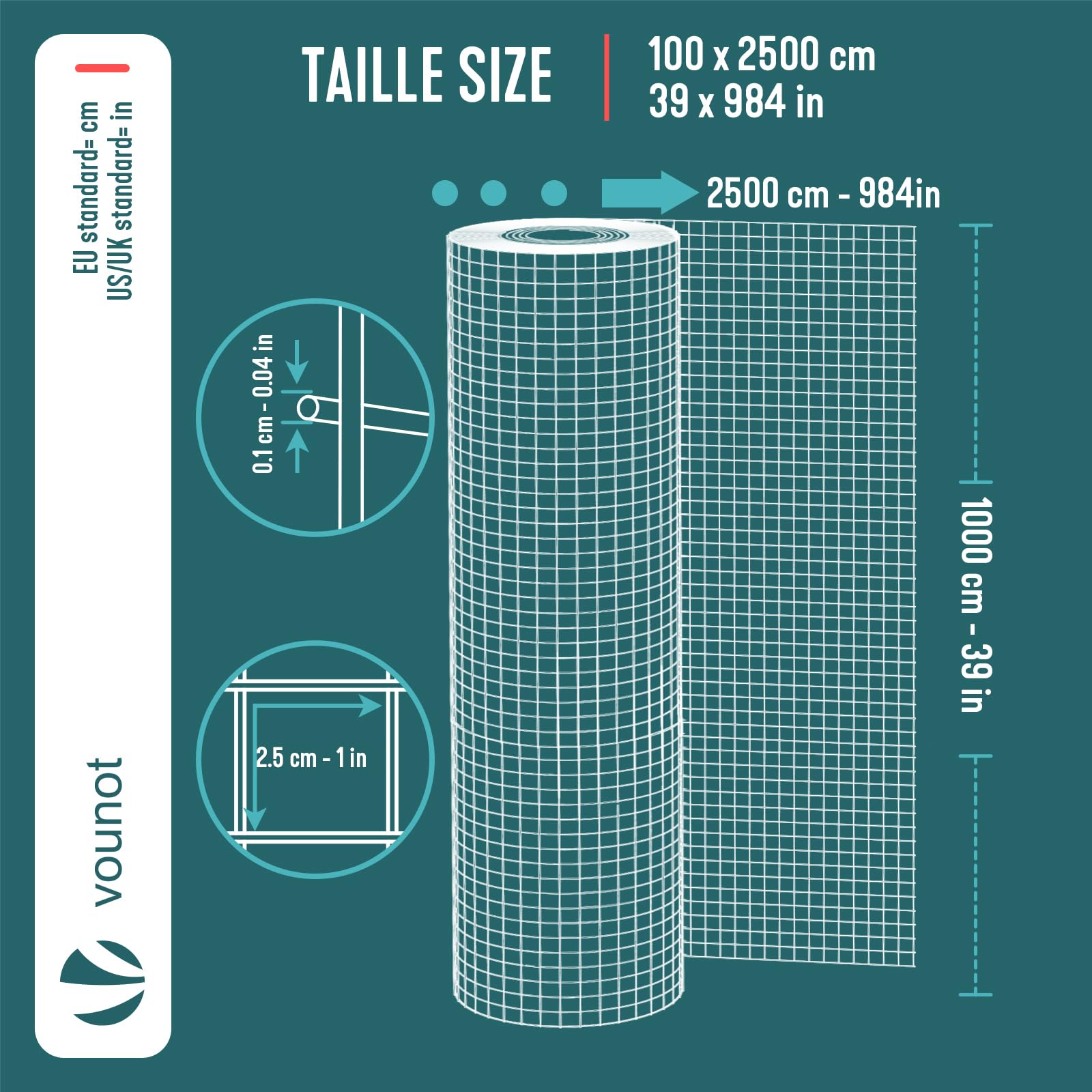 VOUNOT® Malla de Alambre Soldada Rollo de Malla Metálica Electrosoldada Galvanizado 100cm(H) x 25m(L) Agujero 25x25mm Ø Alambre 1mm Valla Gallineros para Jaulas de Conejos Jardín Roedores Pequeños
