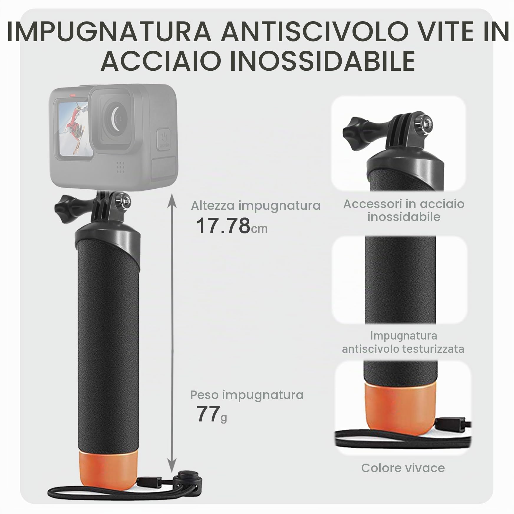 FitStill Monopiede impermeabile impugnatura galleggiante + cinghia di sicurezza per Go Pro Hero 13/12/11/10/9/8/7/6/5, DJI Osmo Action 5pro/4/3/2/1, Insta 360 X5/X4/X3/ace pro 2/ace pro