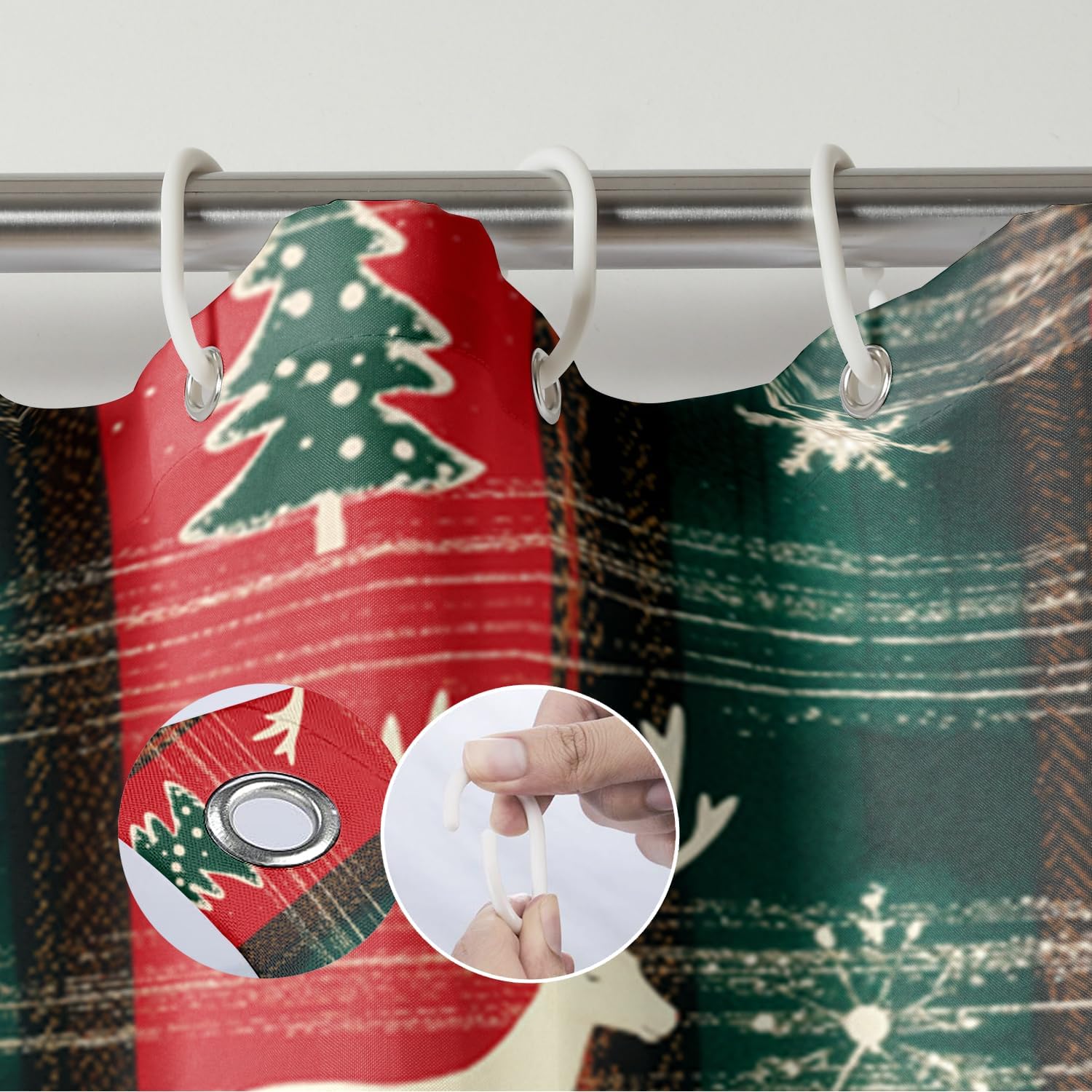 Christmas Plaid Shower Curtain, Xmas Tree Deer Elk Snowflake Red Green Tartan Plaid Winter Holiday Bathroom Curtains Waterproof Fabric Bath Curtain 72x72 Inch with 12 Hooks