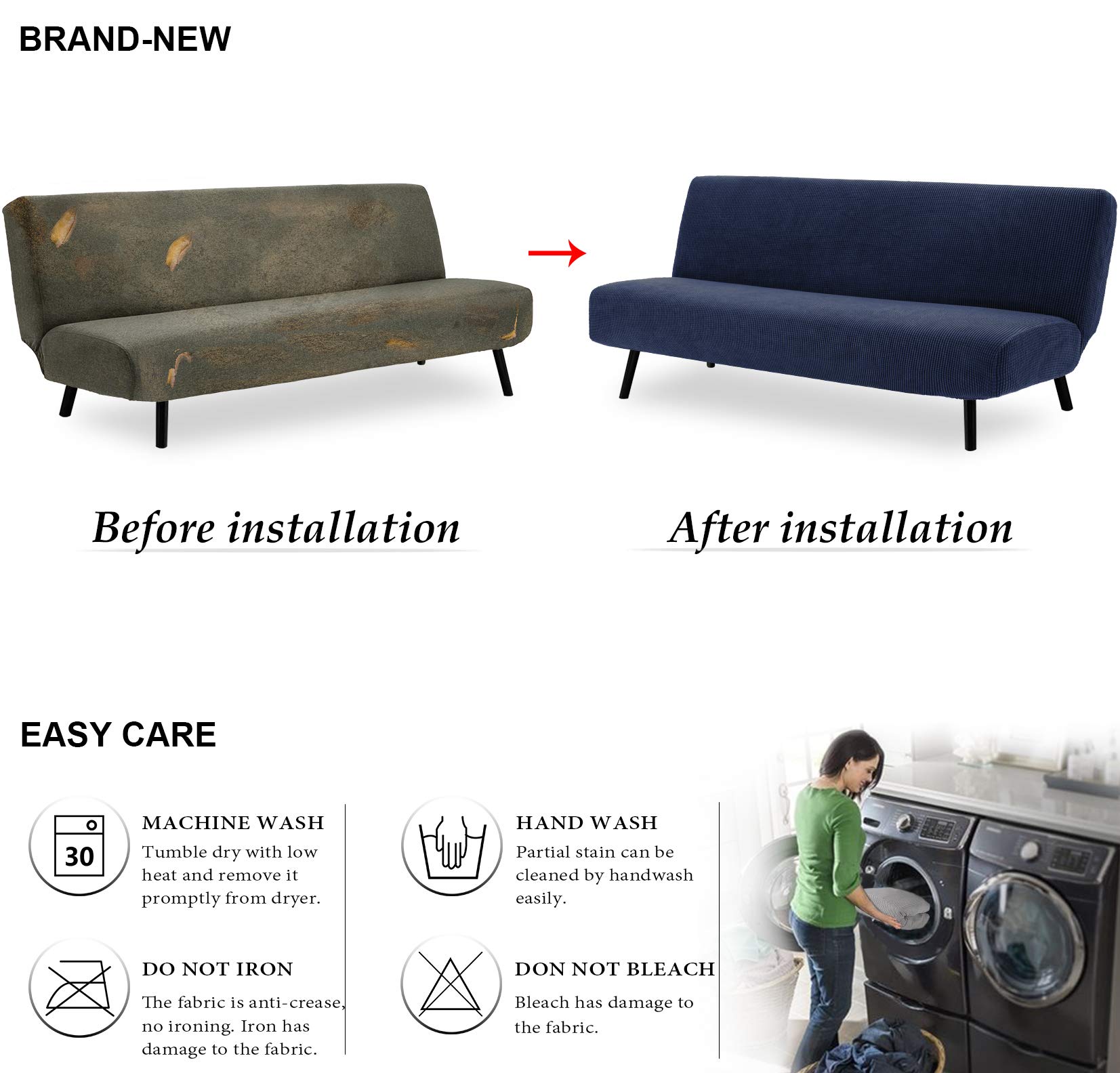 TIANSHU Copridivano Senza Braccioli, Copridivano 3 Posti Senza Braccioli Elasticità Jacquard Antiscivolo Copridivano Clic Clac Pieghevole Regolabile (3Posti, Blu Scuro)