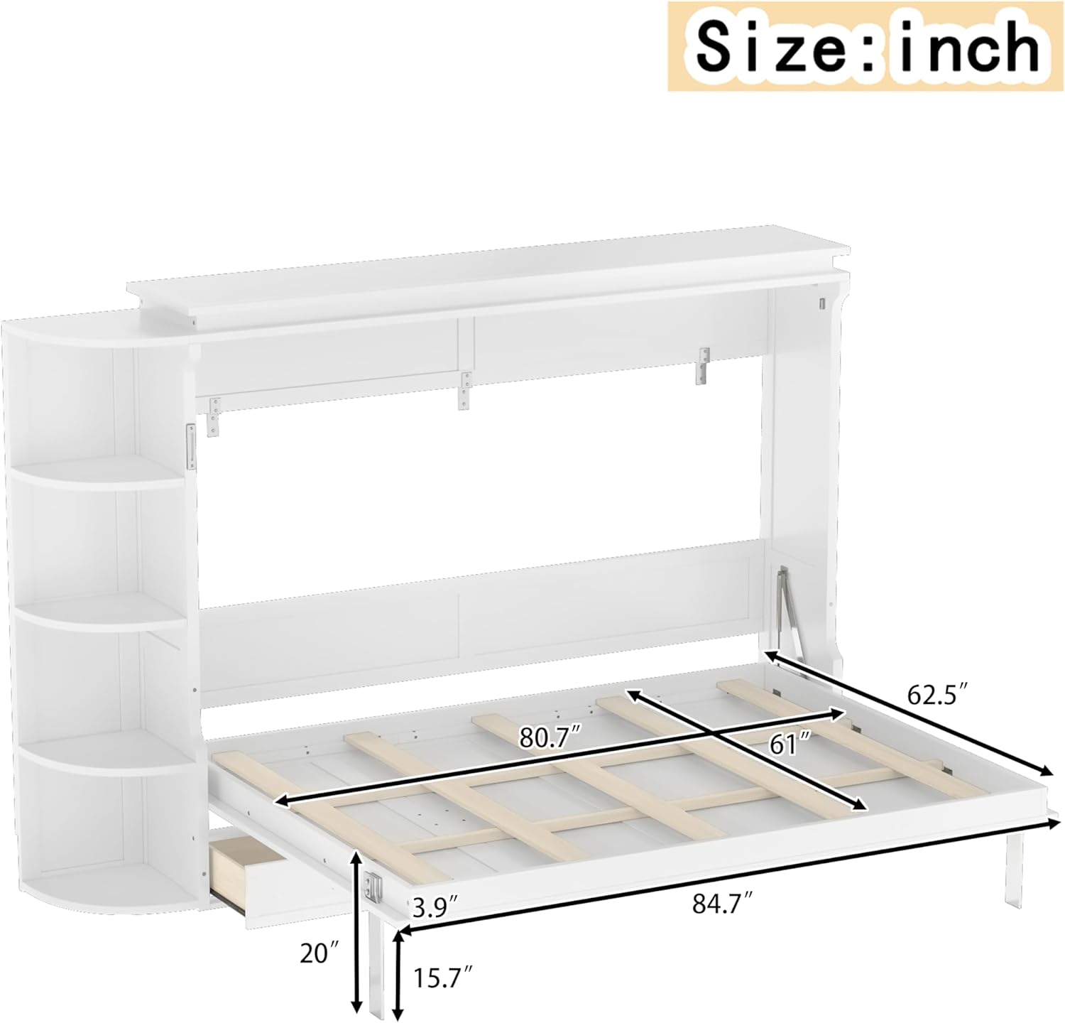 KEIKI Queen Size Horizontal Cabinet Murphy Bed with Shelf & Side Cabinets & Drawers, Foldable Hideaway Wall Bed Frame with Slats, No Box Spring Needed, Easy Assembly, for Bedroom, Guest Room, White