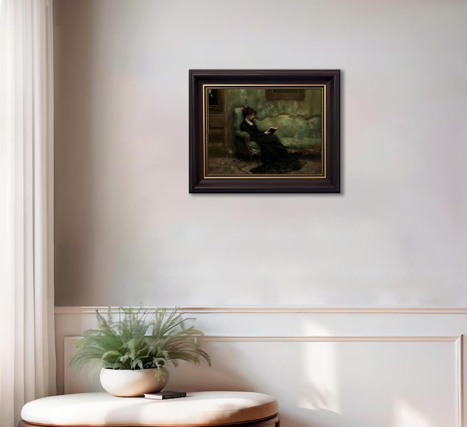 Framed Vintage Woman Reading Book Canvas Wall Art Young Woman read After the Dance Painting Wall Decor Elegant Lady Sitting Poster Printing Artwork for Living Room Bedroom Home Decoration
