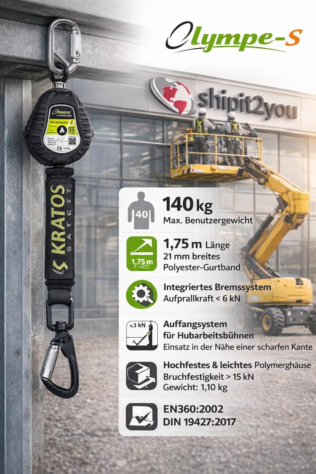 Kratos Safety Olympe-S Gurtband, Höhensicherungsgerät für Hubarbeitsbühnen, 1,75m mit Bandfalldämpfer und integriertem Bremssystem, EN360, PSA
