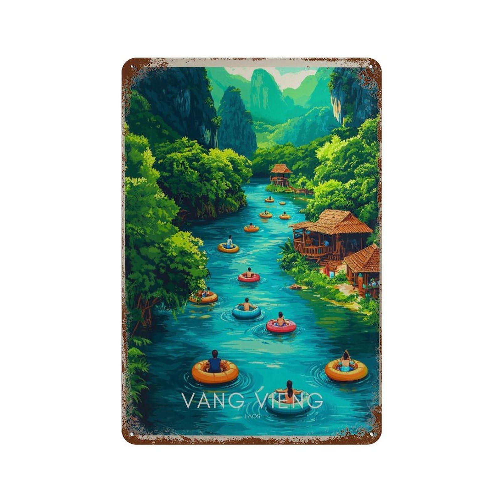xiaoxiaoshen Vang Vieng Laos Travel Tubing Wall Decor Art Metal Tin Poster Modern Home Decor Art Home Bar Shop Decorations Vintage Sign 30x20cm