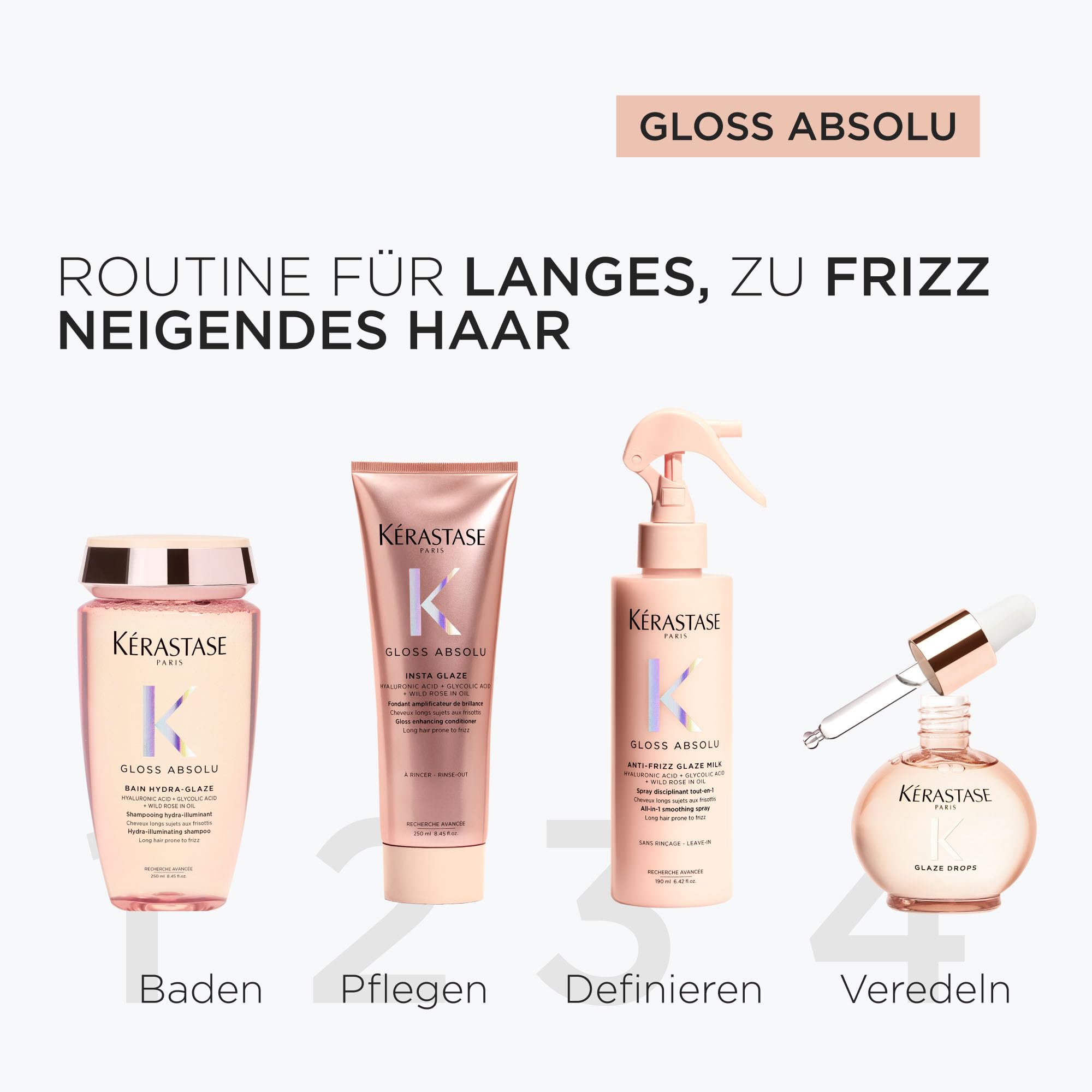 Kérastase Gloss Absolu Bain Hydra-Glaze, Shampoo für langes, zu Frizz neigendes Haar, Mit Hyaluronsäure, Glykolsäure und Wildrosenöl, Für intensiven Glanz & Volumen